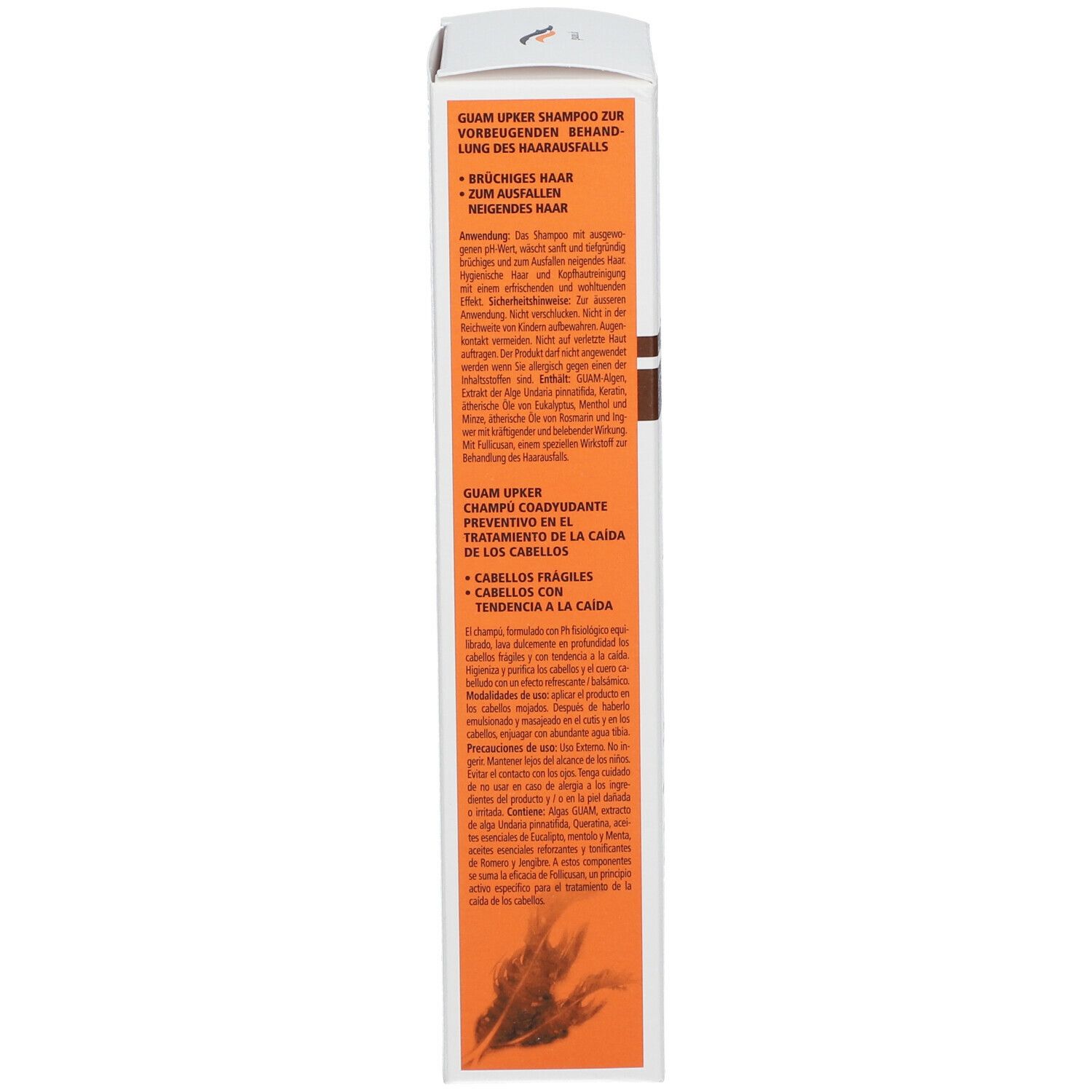 GUAM UPKer Shampoo, confezione, vista laterale. Informazioni sul prodotto. Marchio e nomi visibili.