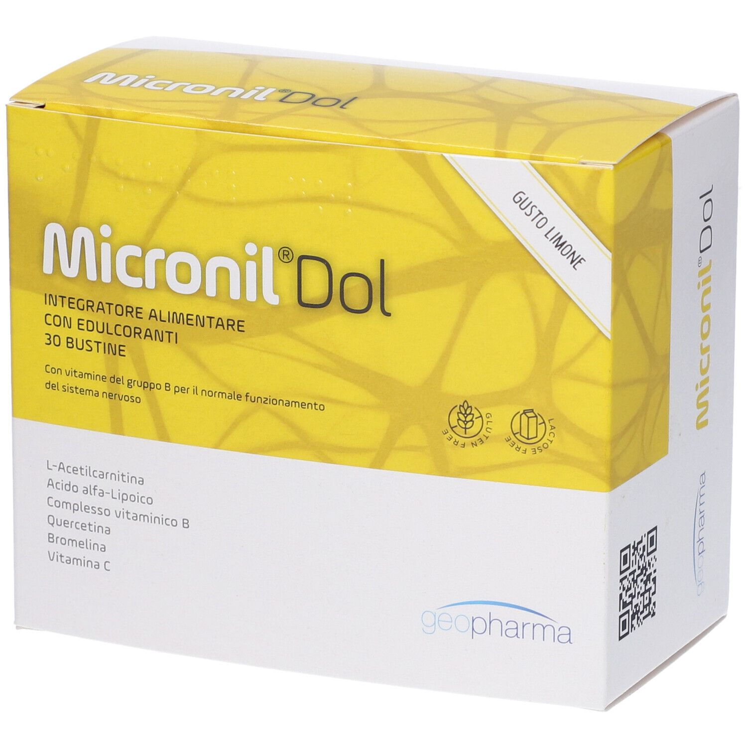 Scatola "Micronil Dol". Scritto "Integratore alimentare" con 30 bustine. Contiene L-Carnitina e vitamina C. Design giallo e bianco.