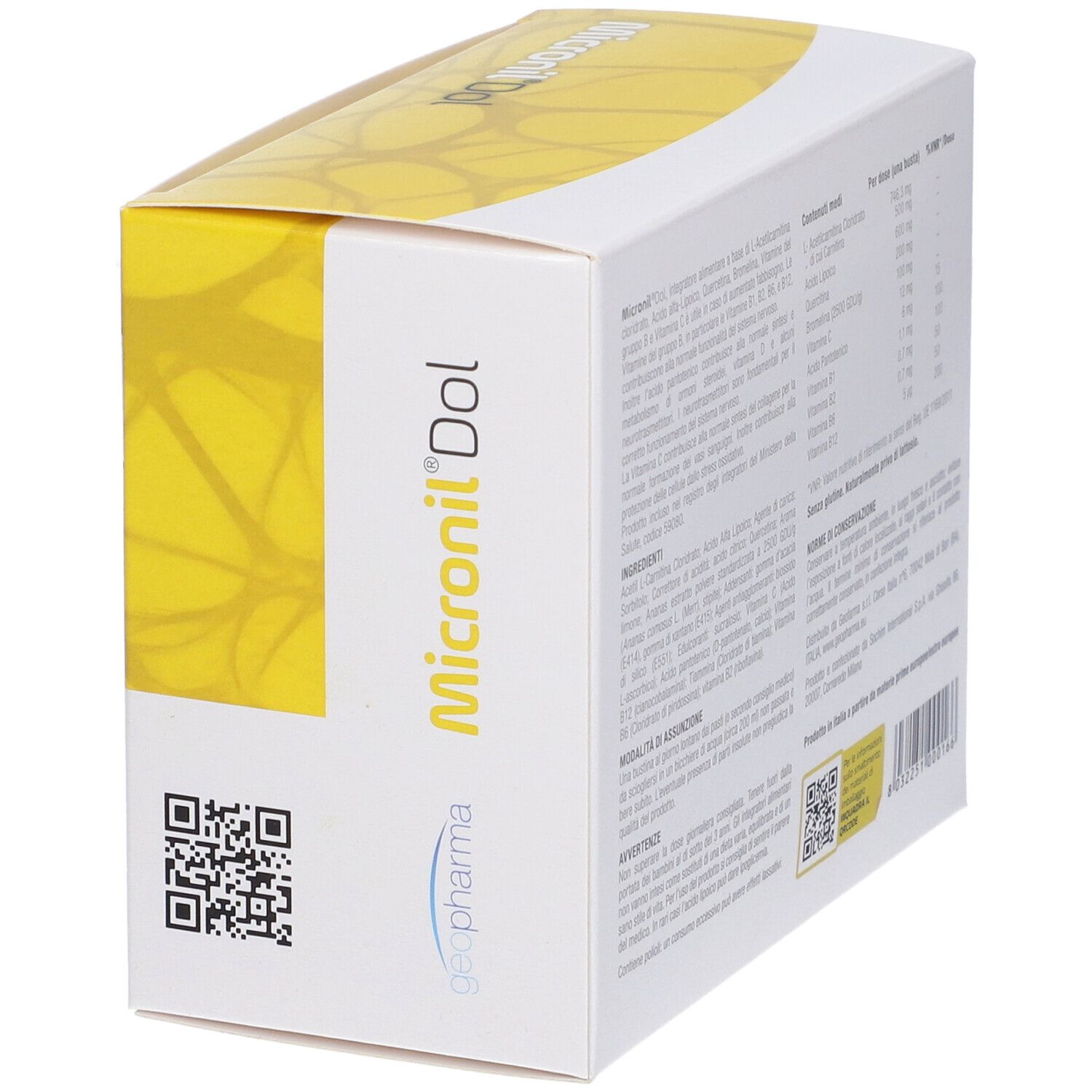 Vista posteriore della scatola "Micronil Dol". Contiene testo e codice QR. Logo "geopharma".