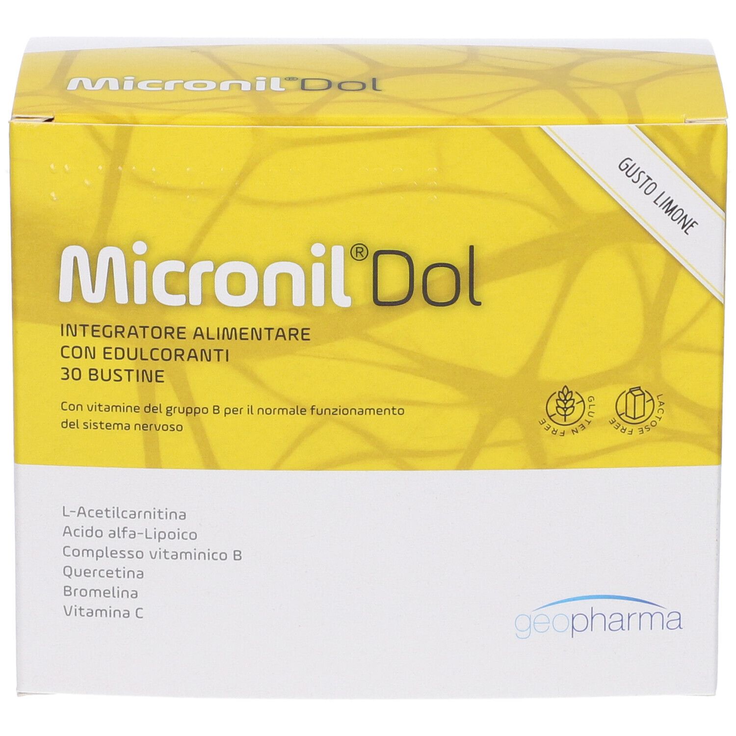 Scatola "Micronil Dol". Scritto "Integratore alimentare" con 30 bustine. Contiene L-Carnitina. Design giallo e bianco.