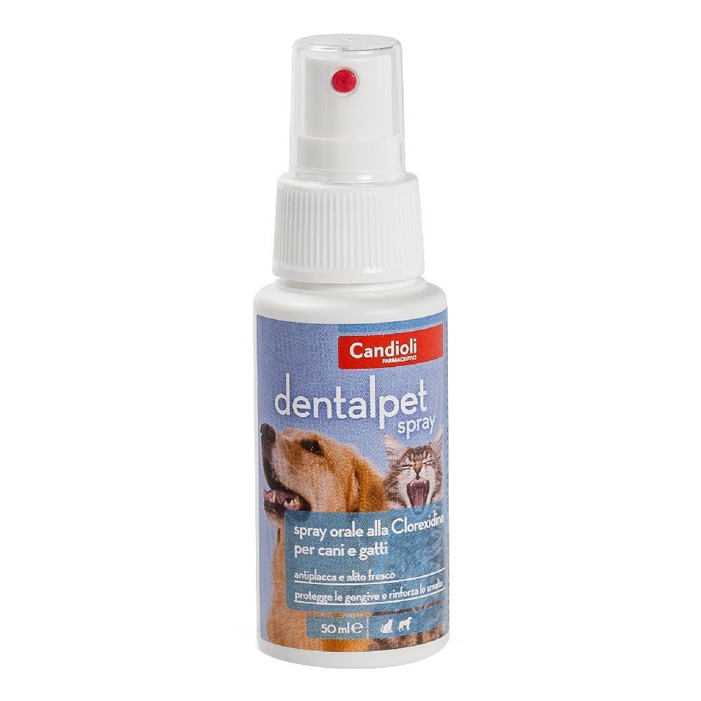 Flacone spray bianco con etichetta blu. Scritta: dentalpet spray. Immagine di cane e gatto. Testina spray rossa.
