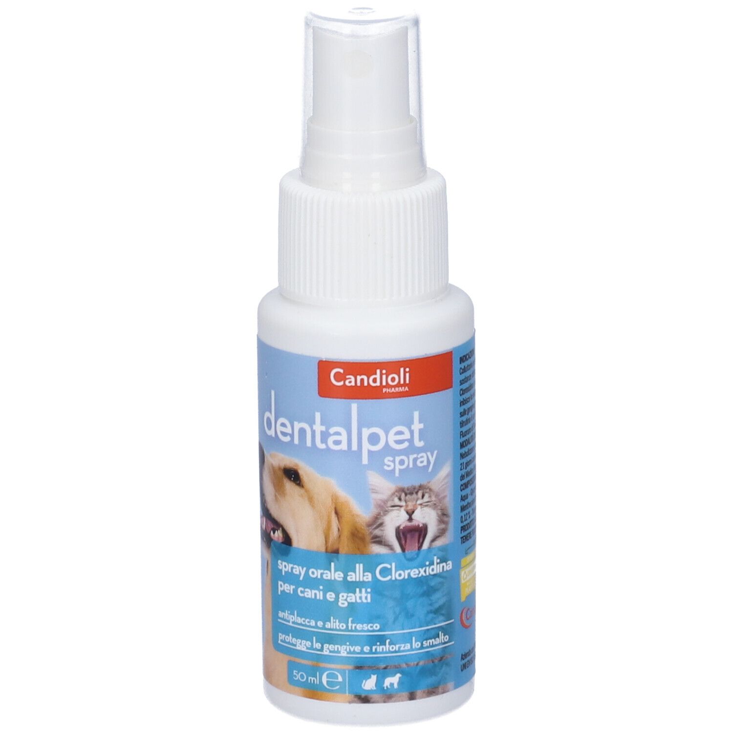 Flacone spray bianco con etichetta blu. Scritta: dentalpet spray. Immagine di cane e gatto. Testina spray rossa.