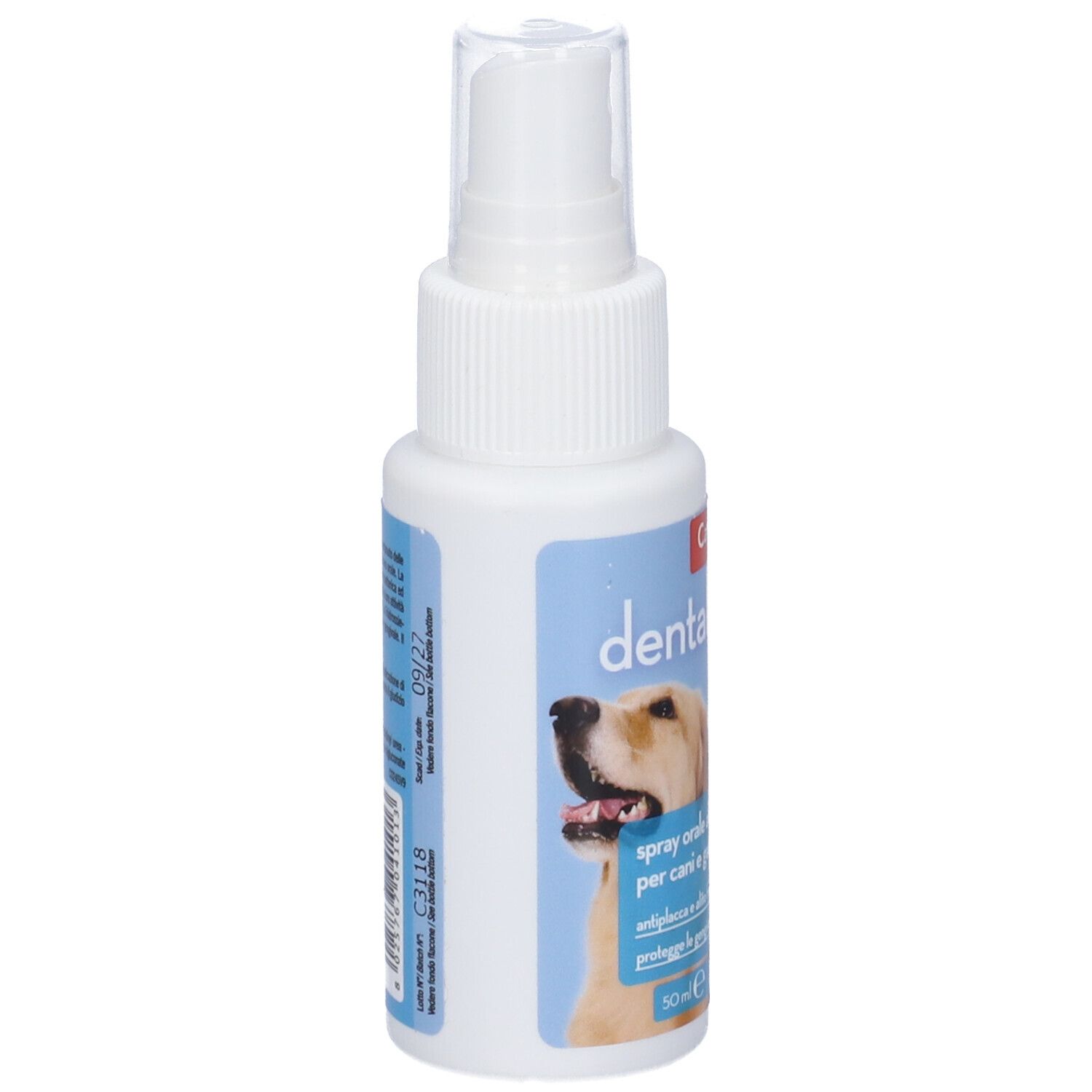 Flacone spray bianco con etichetta blu. Scritta: dentalpet spray. Immagine di un cane. Testina spray trasparente.