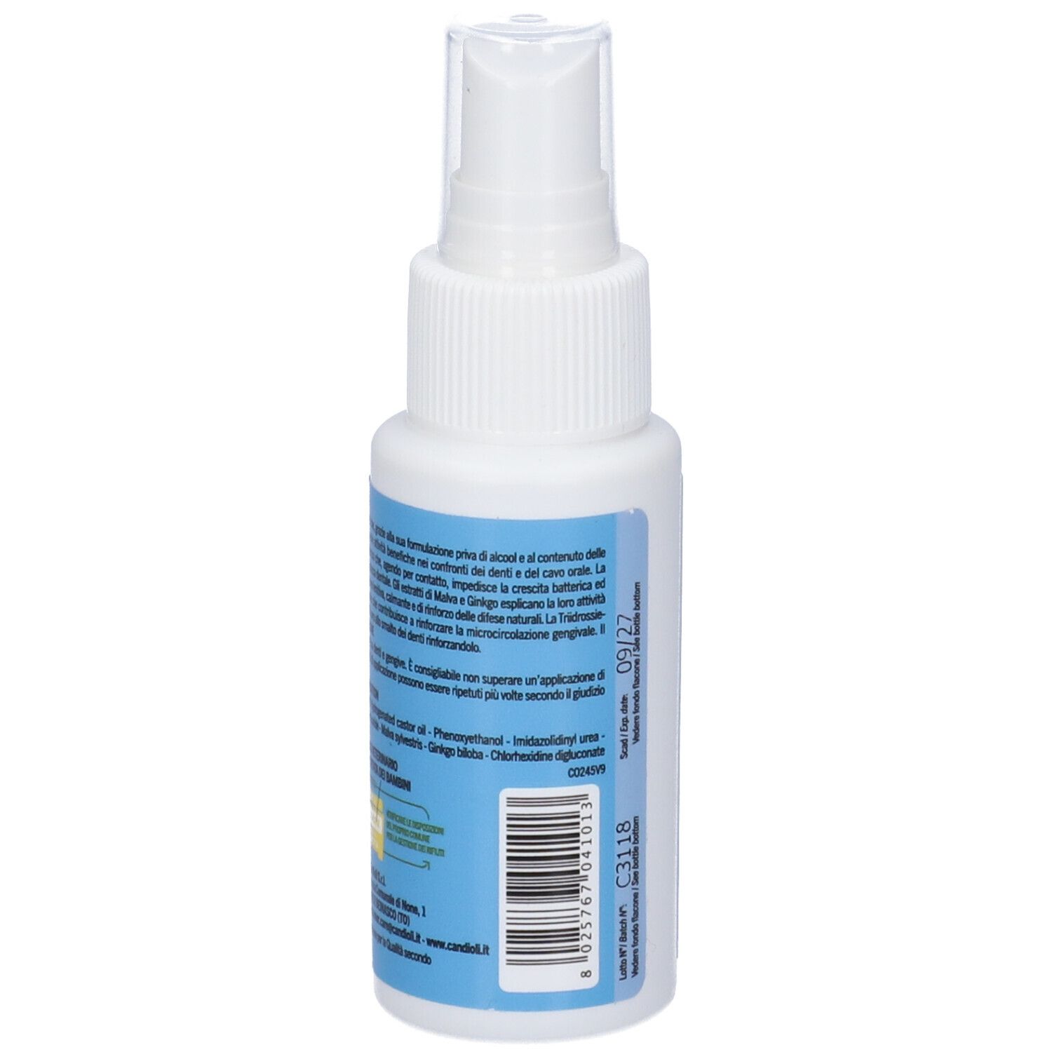 Flacone spray bianco con etichetta blu. Scritta: dentalpet spray. Retro con testo e codice a barre. Testina spray trasparente.