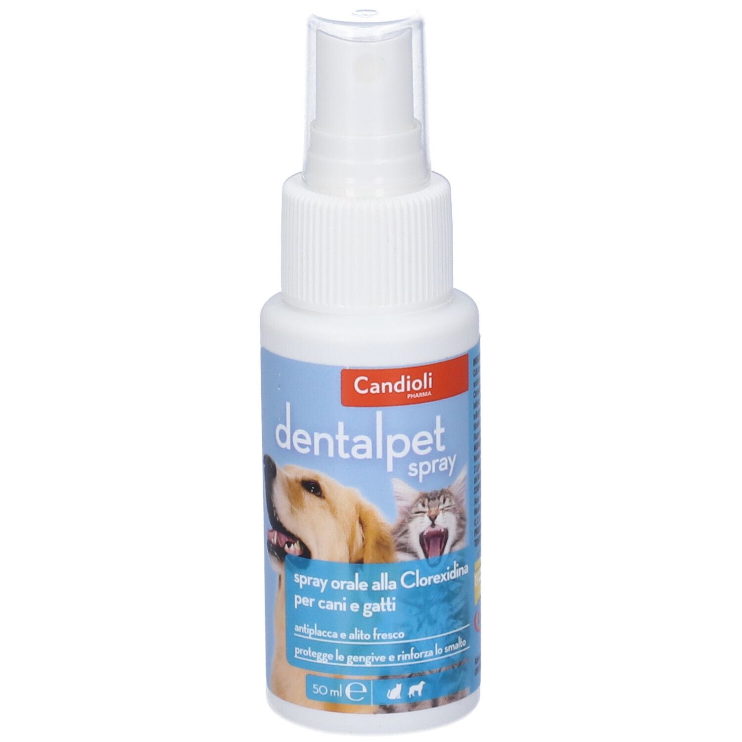 Flacone spray bianco con etichetta blu. Scritta: dentalpet spray. Immagine di cane e gatto. Testina spray trasparente.