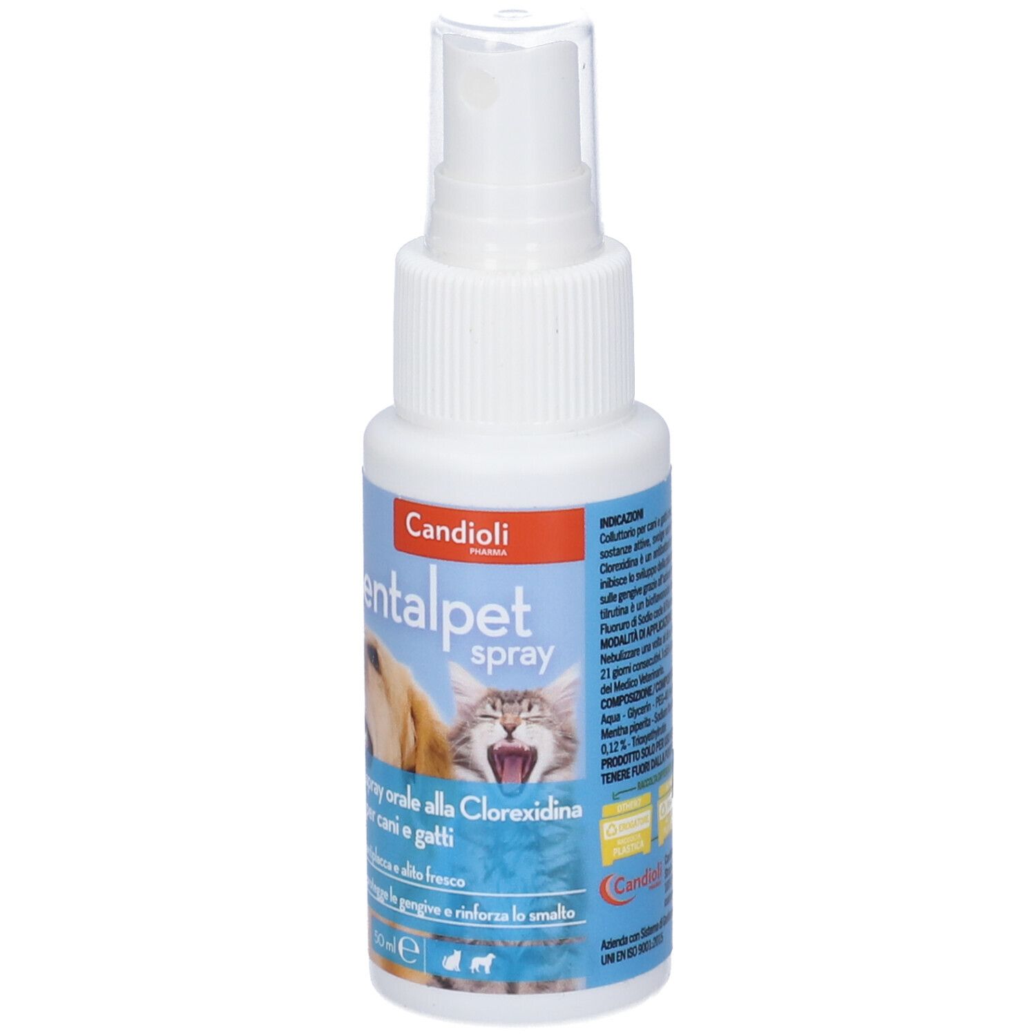 Flacone spray bianco con etichetta blu. Scritta: dentalpet spray. Immagine di cane e gatto. Testina spray trasparente.