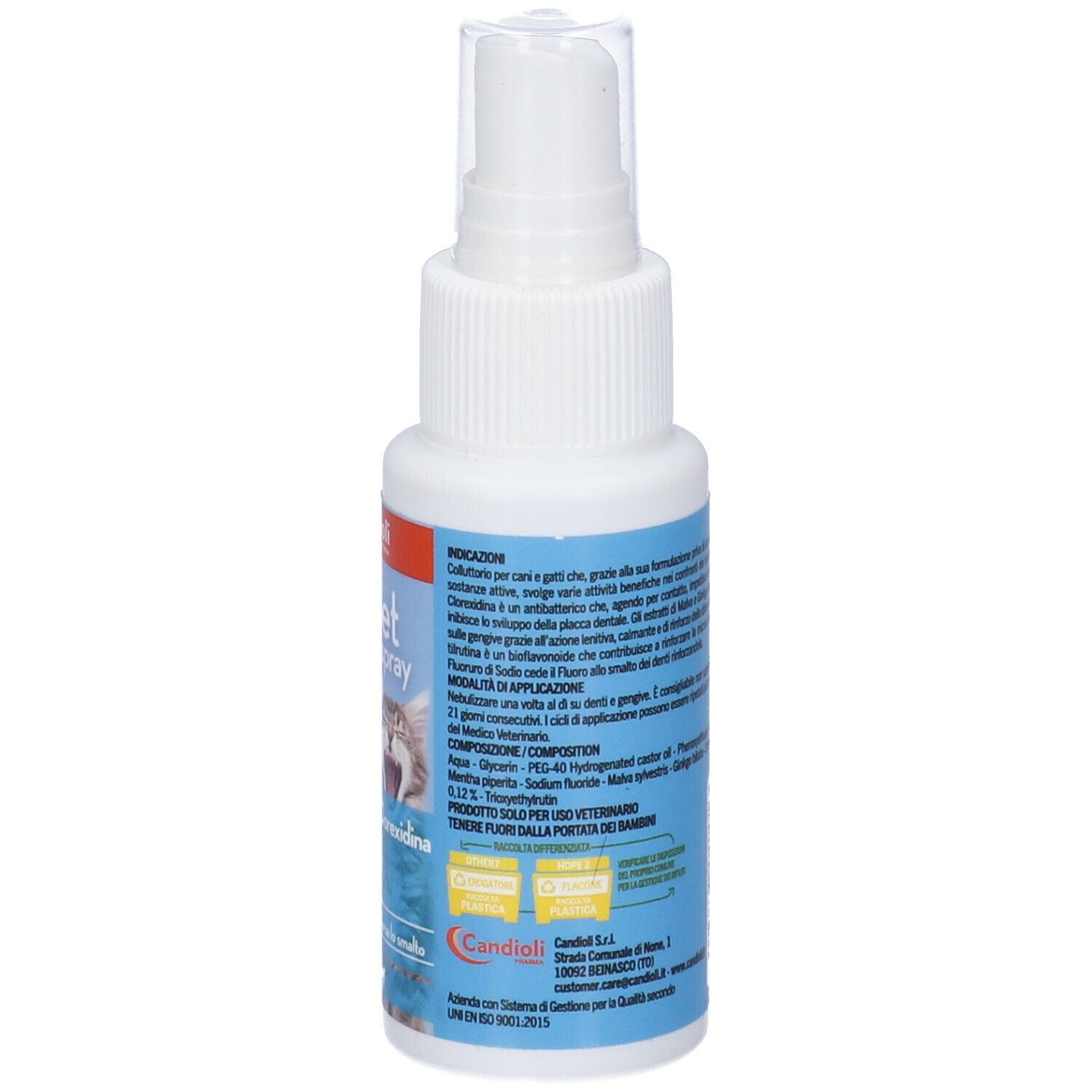 Flacone spray bianco con etichetta blu. Scritta: dentalpet spray. Retro con testo. Testina spray trasparente.