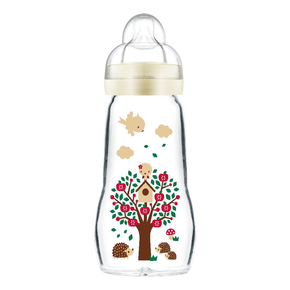 Biberon in vetro trasparente con decorazioni boschive. Tettarella e coperchio beige. Illustrazioni di alberi, uccelli e ricci.