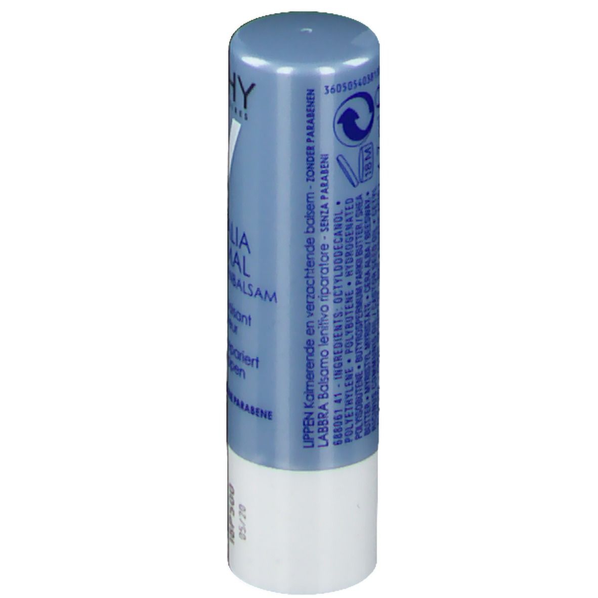 Blauer Lippenpflegestift. Enthält "AQUALIA THERMAL". Text in Deutsch und Französisch. Ohne Parabene.