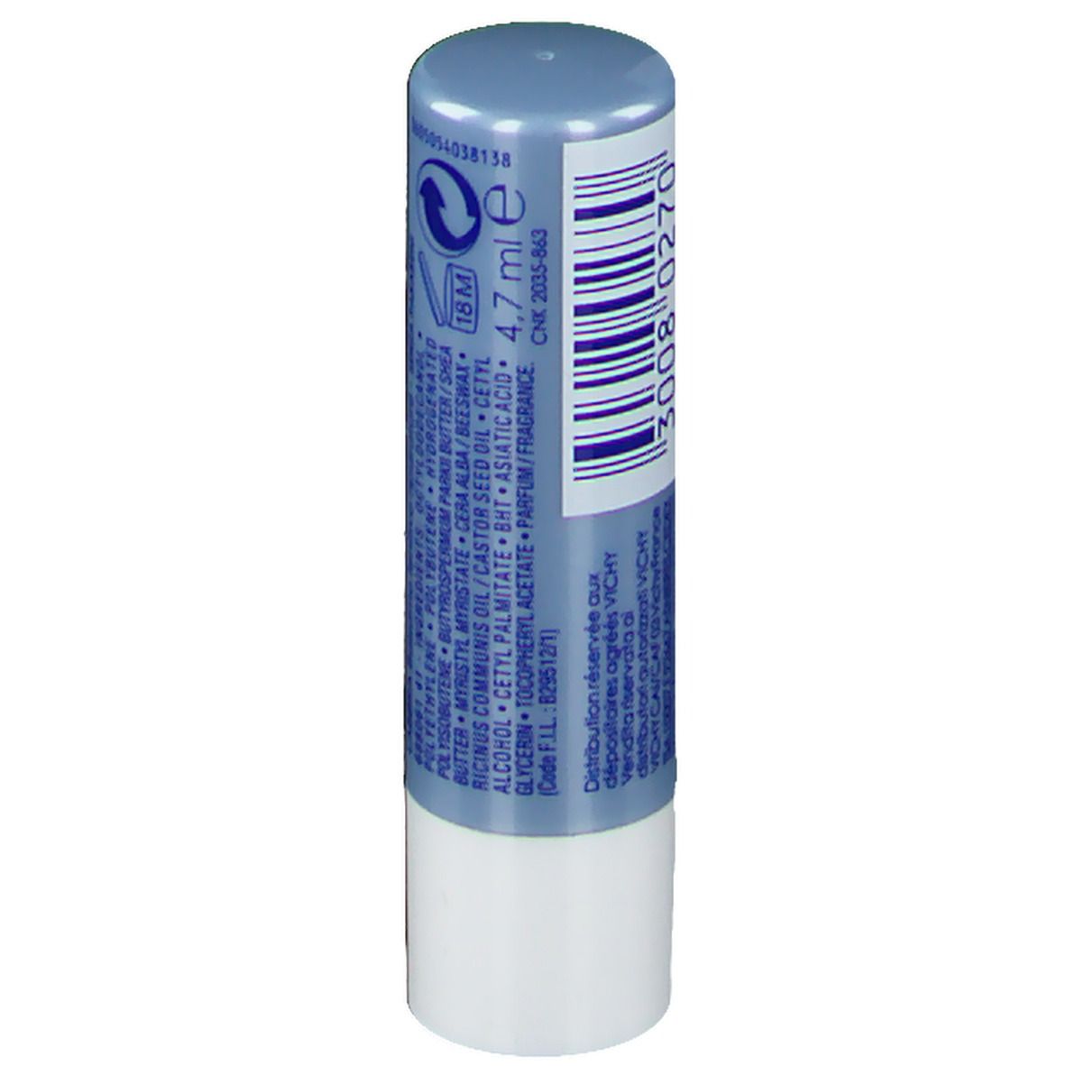 Blauer Lippenpflegestift. Enthält "AQUALIA THERMAL". Text in Deutsch und Französisch. Ohne Parabene.