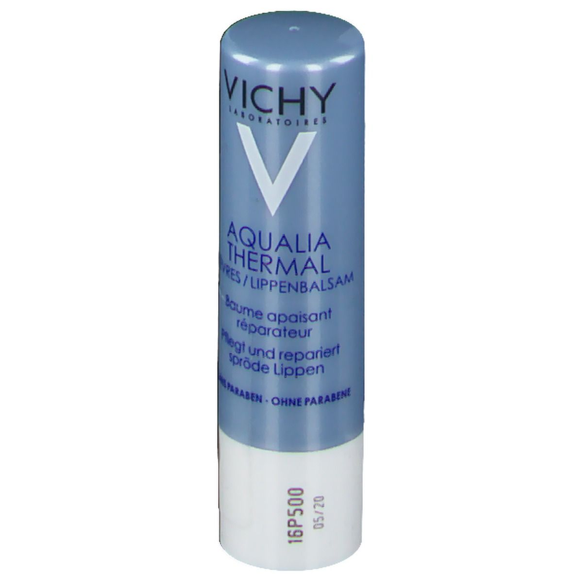 Blauer Lippenpflegestift. Enthält "AQUALIA THERMAL". Text in Deutsch und Französisch. Ohne Parabene.