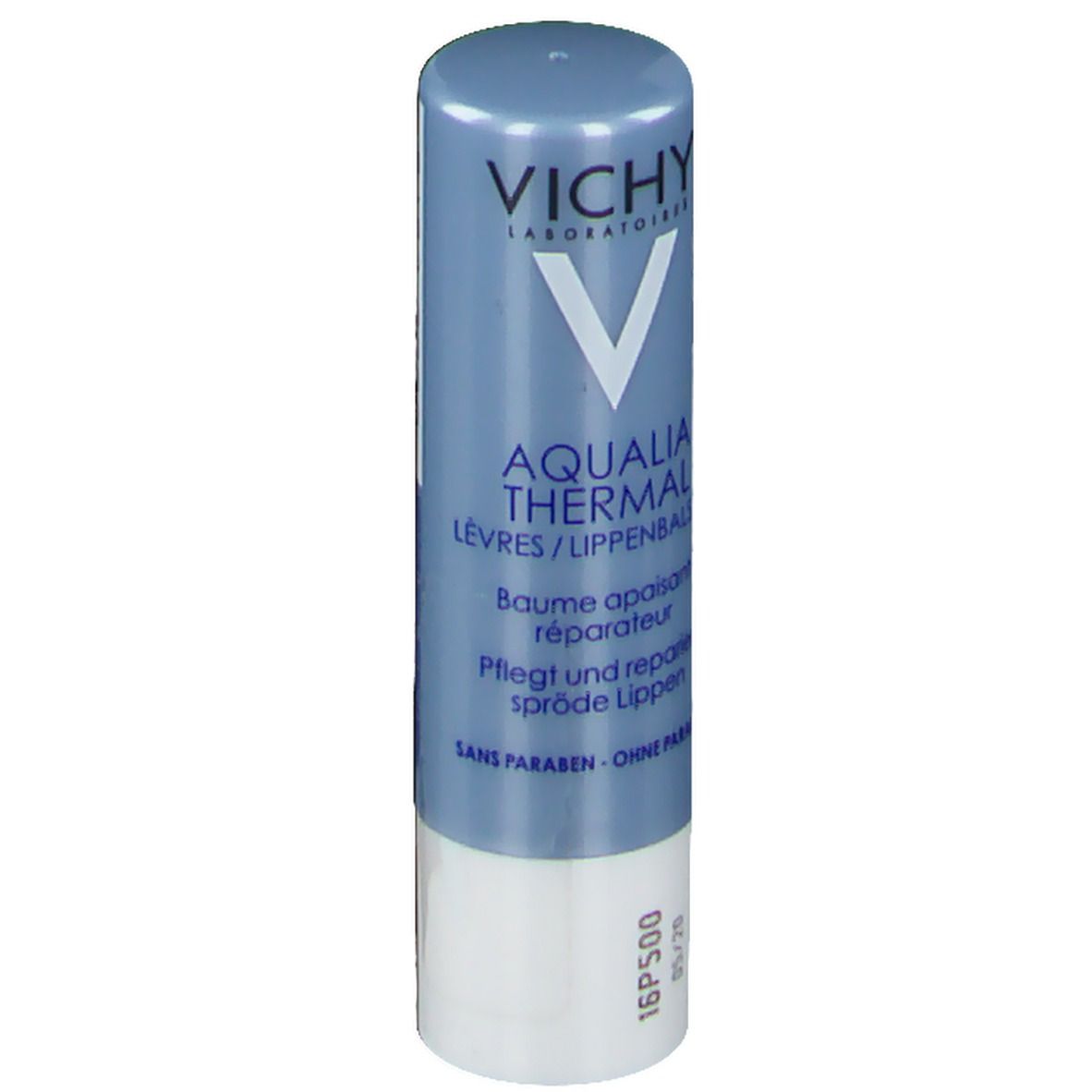 Blauer Lippenpflegestift. Enthält "AQUALIA THERMAL". Text in Deutsch und Französisch. Ohne Parabene.