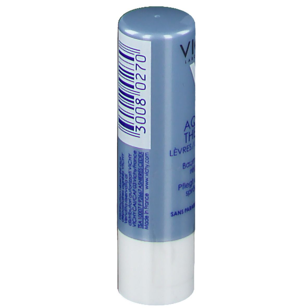 Blauer Lippenpflegestift. Enthält "AQUALIA THERMAL". Text in Deutsch und Französisch. Ohne Parabene.