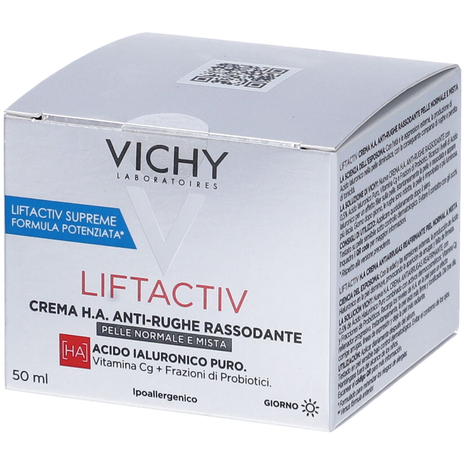 Confezione Vichy Liftactiv Supreme. Scatola bianca con nome e ingredienti. 50 ml.