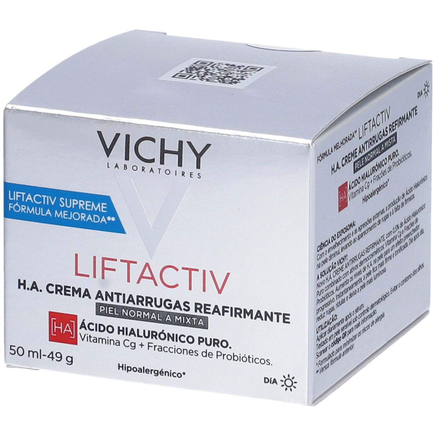 Confezione Vichy Liftactiv Supreme. Scatola bianca con nome e ingredienti. 50 ml.