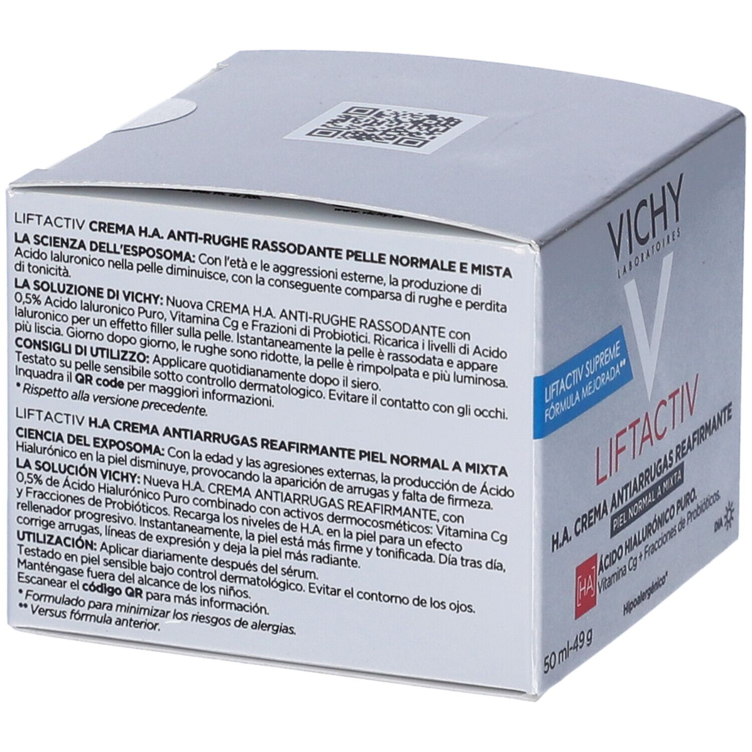 Confezione Vichy Liftactiv Supreme. Scatola bianca con nome e ingredienti. 50 ml.