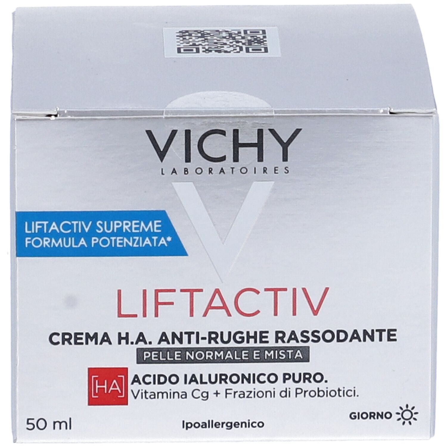 Confezione Vichy Liftactiv Supreme. Scatola bianca con nome e ingredienti. 50 ml.