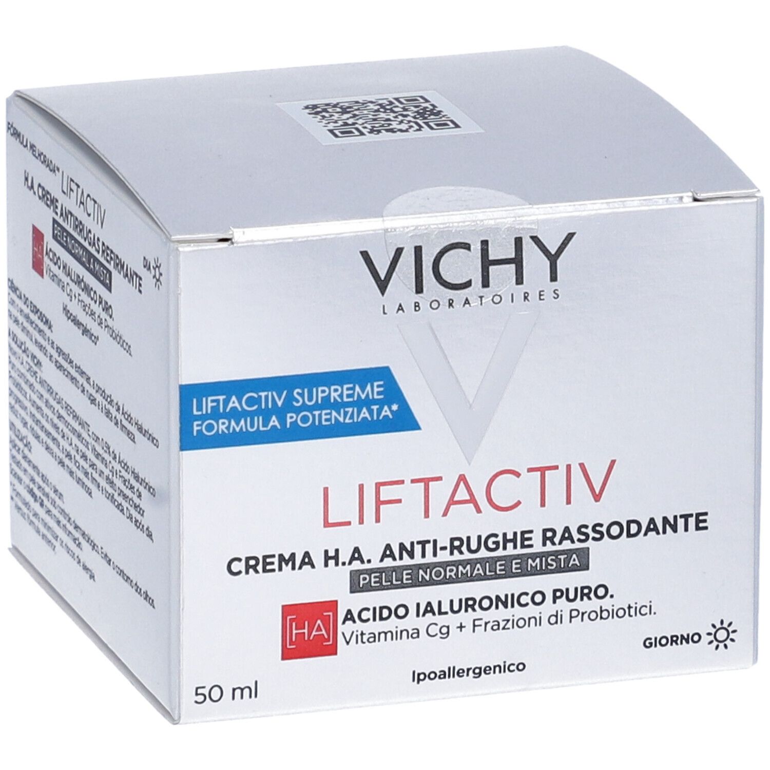 Confezione Vichy Liftactiv Supreme. Scatola bianca con nome e ingredienti. 50 ml.