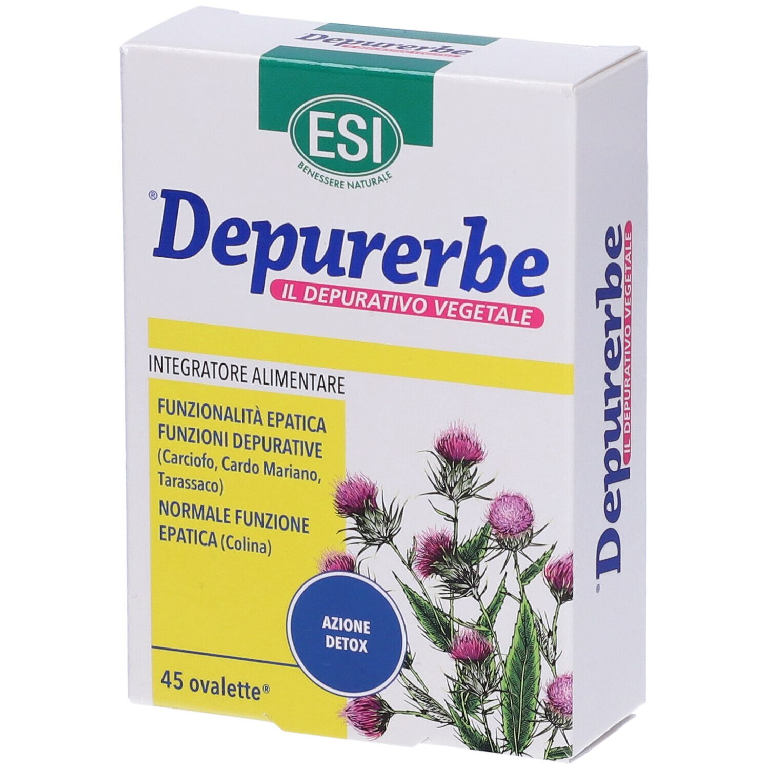 Confezione di integratore alimentare. Logo ESI e nome del prodotto. Contiene 45 ovalette. Funzioni ed ingredienti visibili.