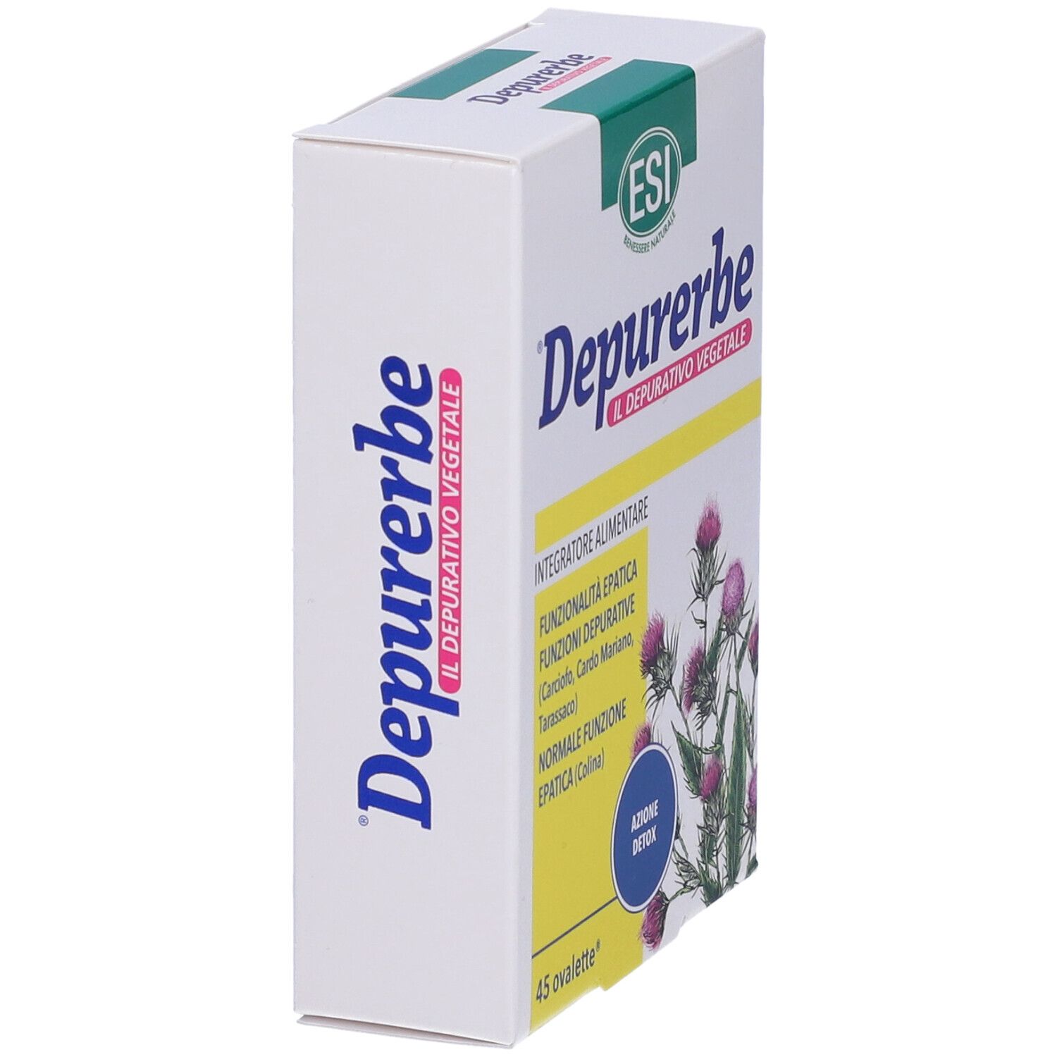 Confezione di integratore alimentare, vista laterale. Logo e nome del prodotto. Informazioni su ingredienti e funzioni.