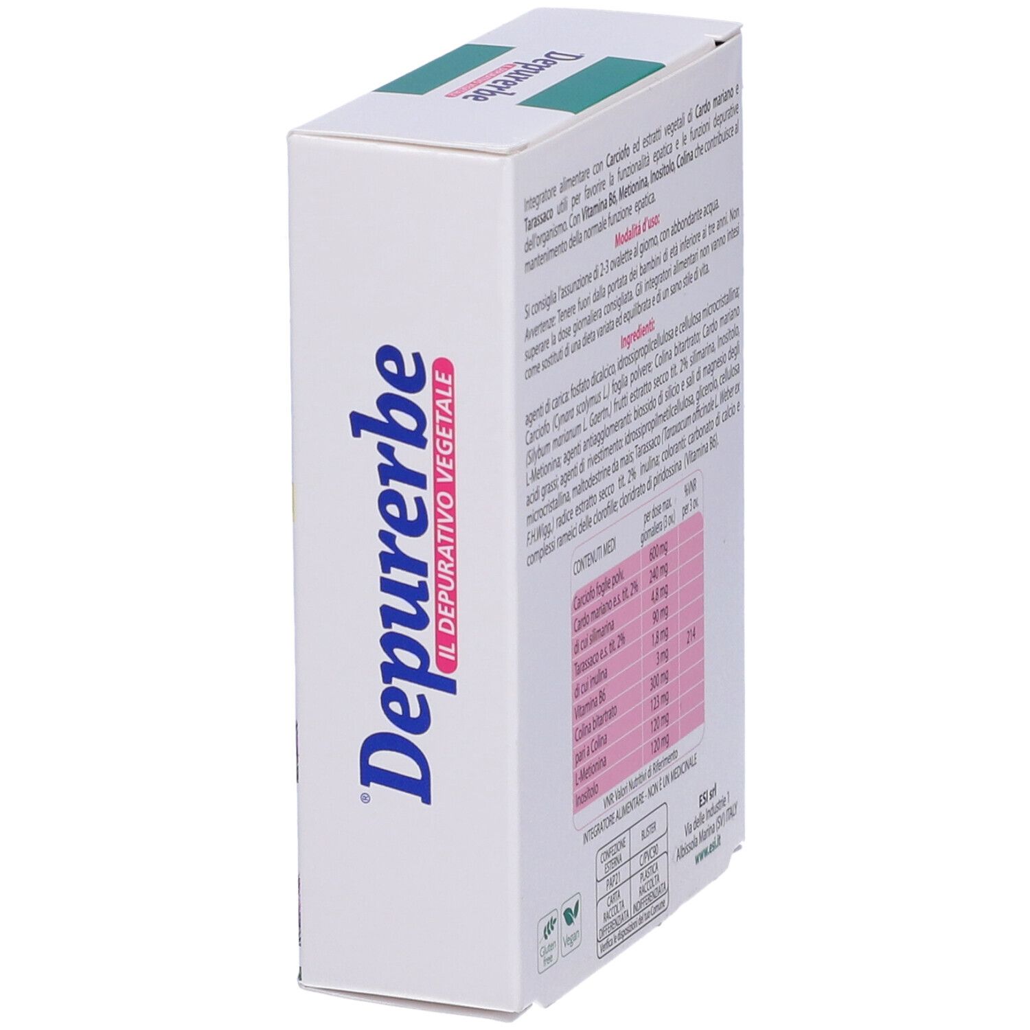 Confezione di integratore alimentare, vista laterale obliqua. Logo e nome del prodotto. Ingredienti e valori nutrizionali.