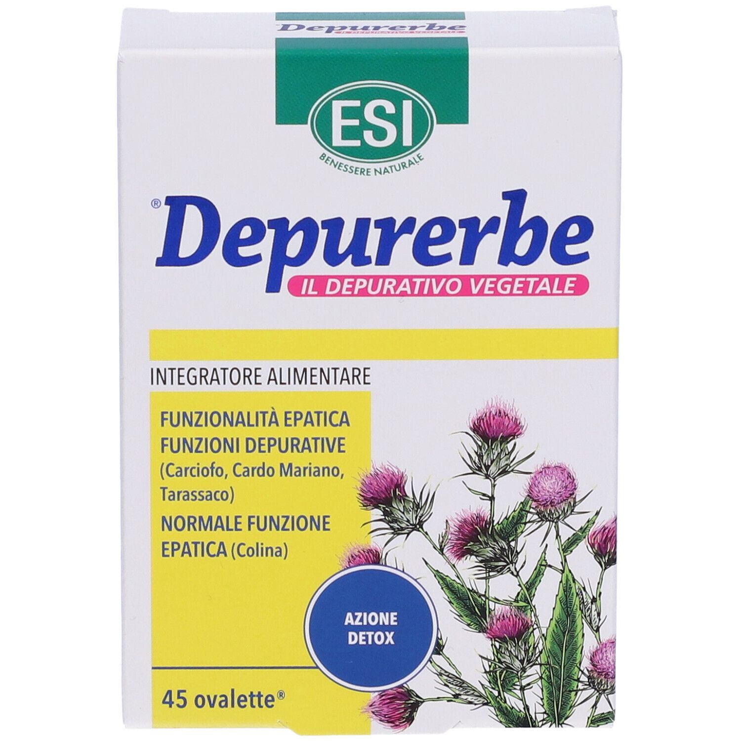 Confezione di integratore alimentare. Logo e nome del prodotto. Contiene 45 ovalette. Funzioni ed ingredienti visibili.