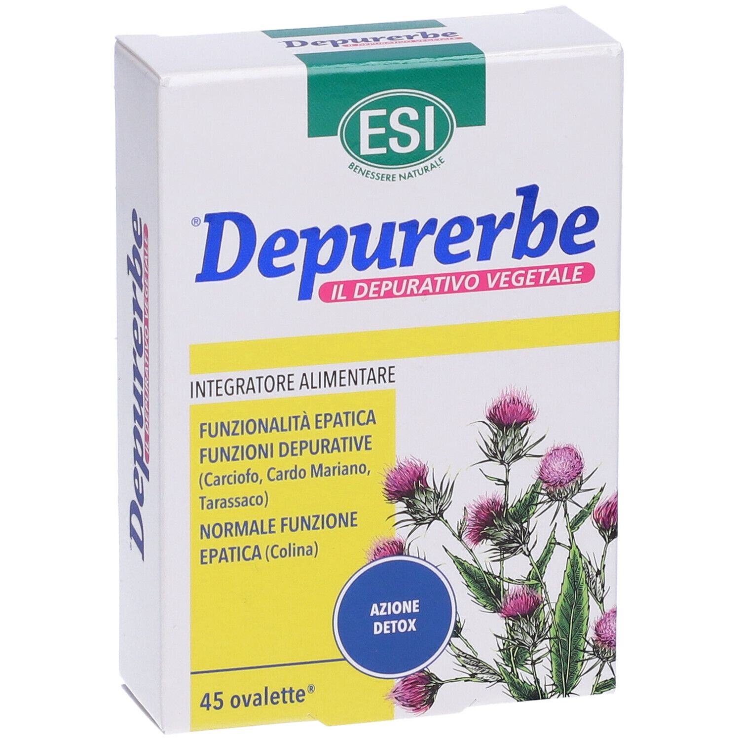 Confezione di integratore alimentare. Logo e nome del prodotto. Contiene 45 ovalette. Funzioni ed ingredienti visibili.