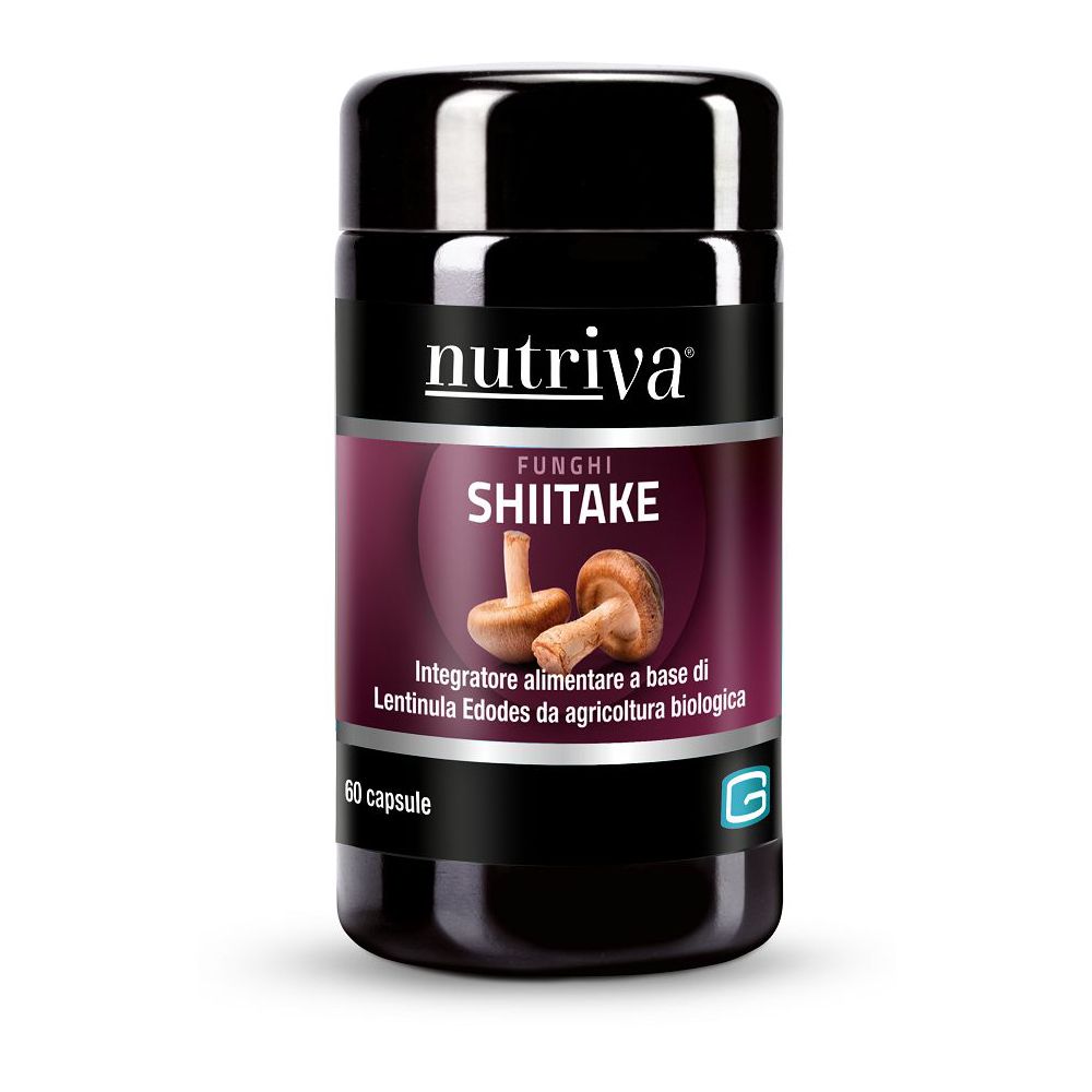 Flacone nero con scritta "nutriva" e "SHIITAKE". Contiene 60 capsule. Immagine di funghi.