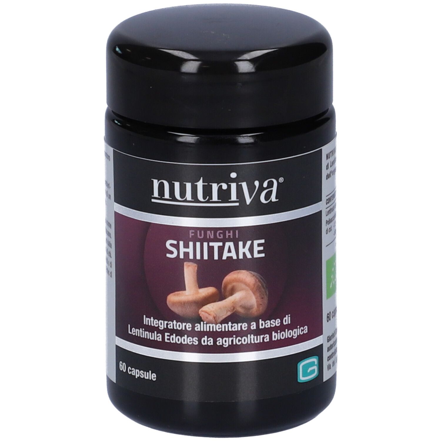 Flacone nero con "nutriva" e "SHIITAKE". Contiene 60 capsule. Sigillo biologico.