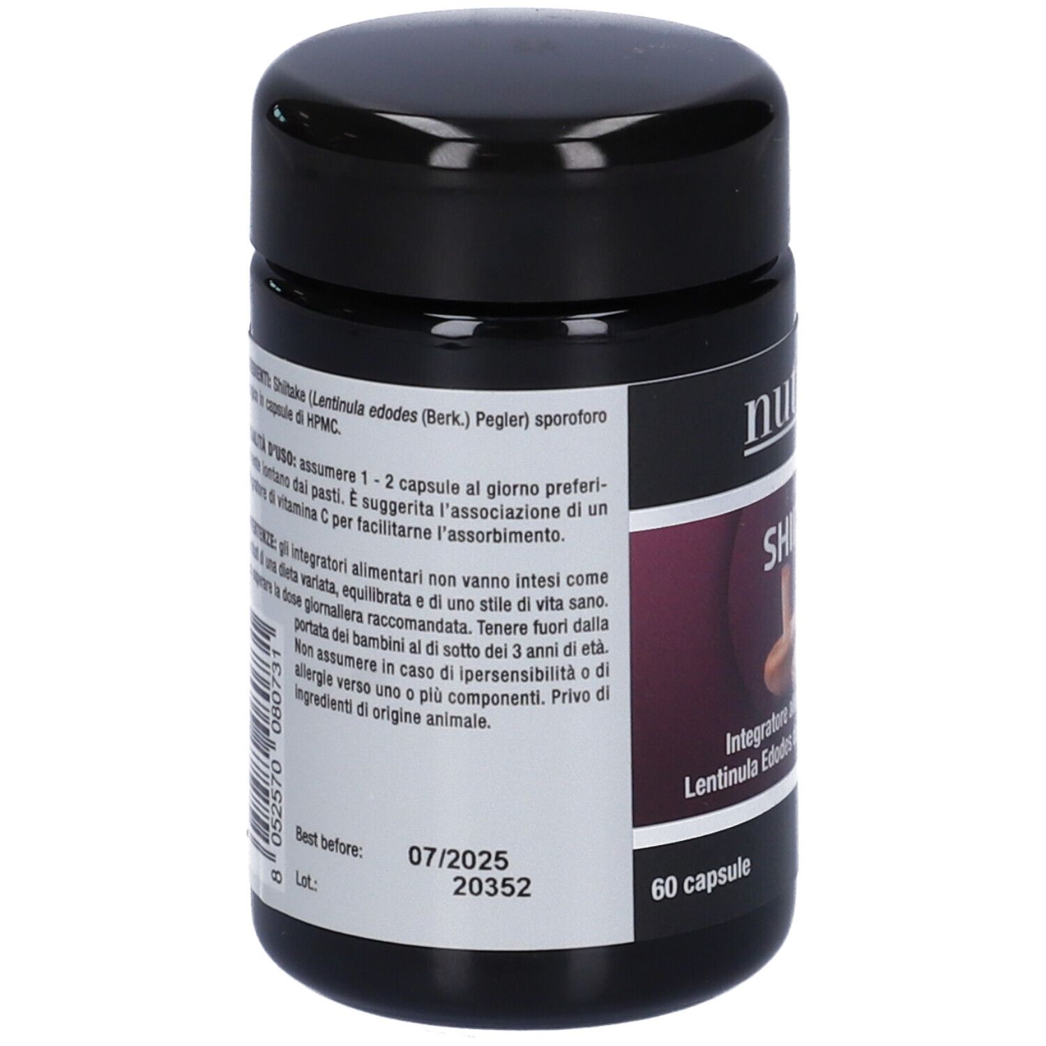 Flacone nero con testo. Contiene 60 capsule. Scritta "07/2025".
