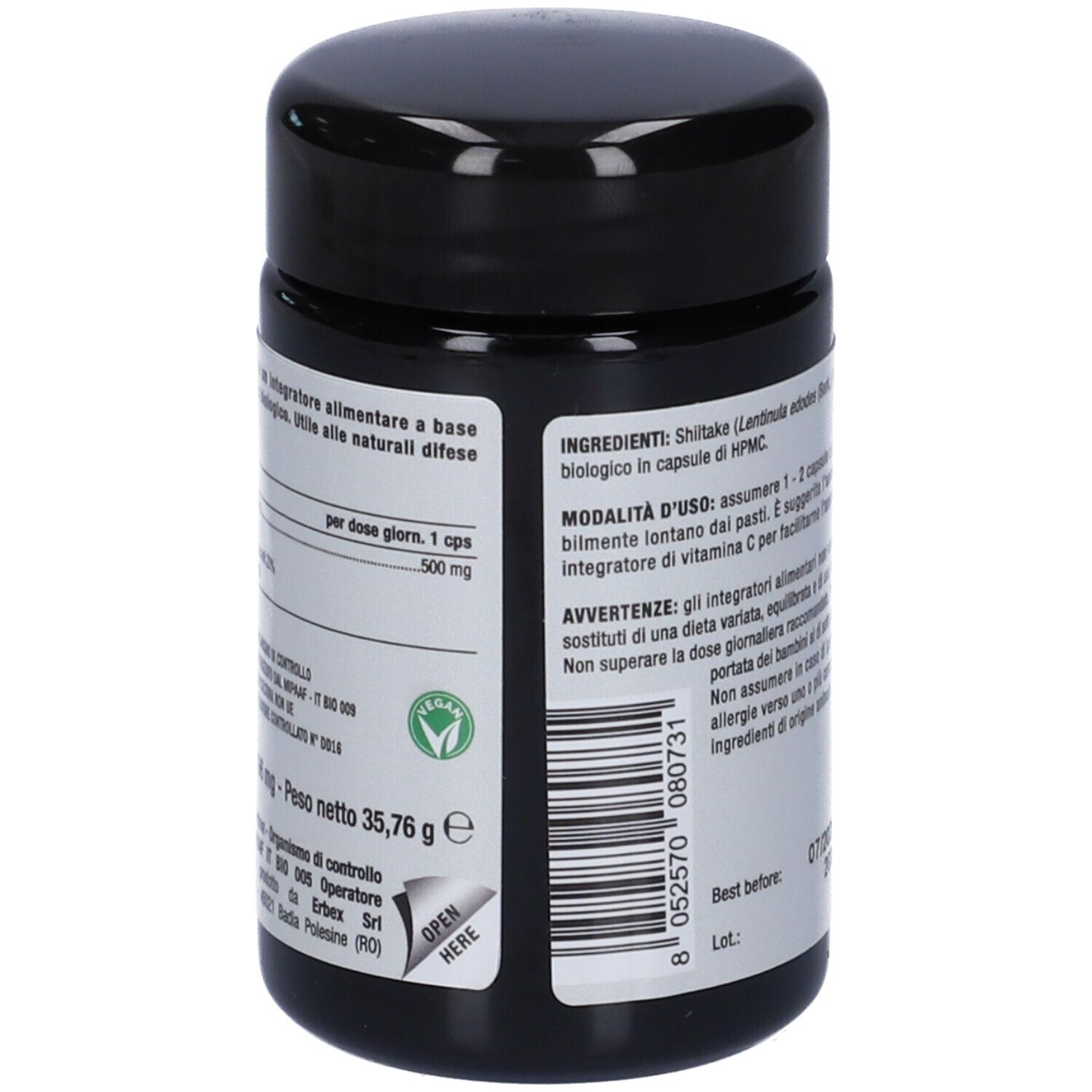 Flacone nero con testo. Contiene 60 capsule. Sigillo vegano.