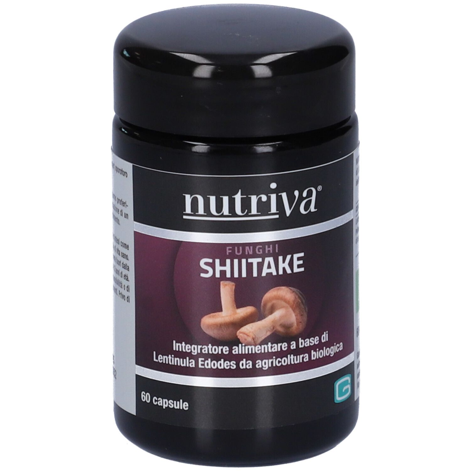 Flacone nero con "nutriva" e "SHIITAKE". Contiene 60 capsule. Immagine di funghi.