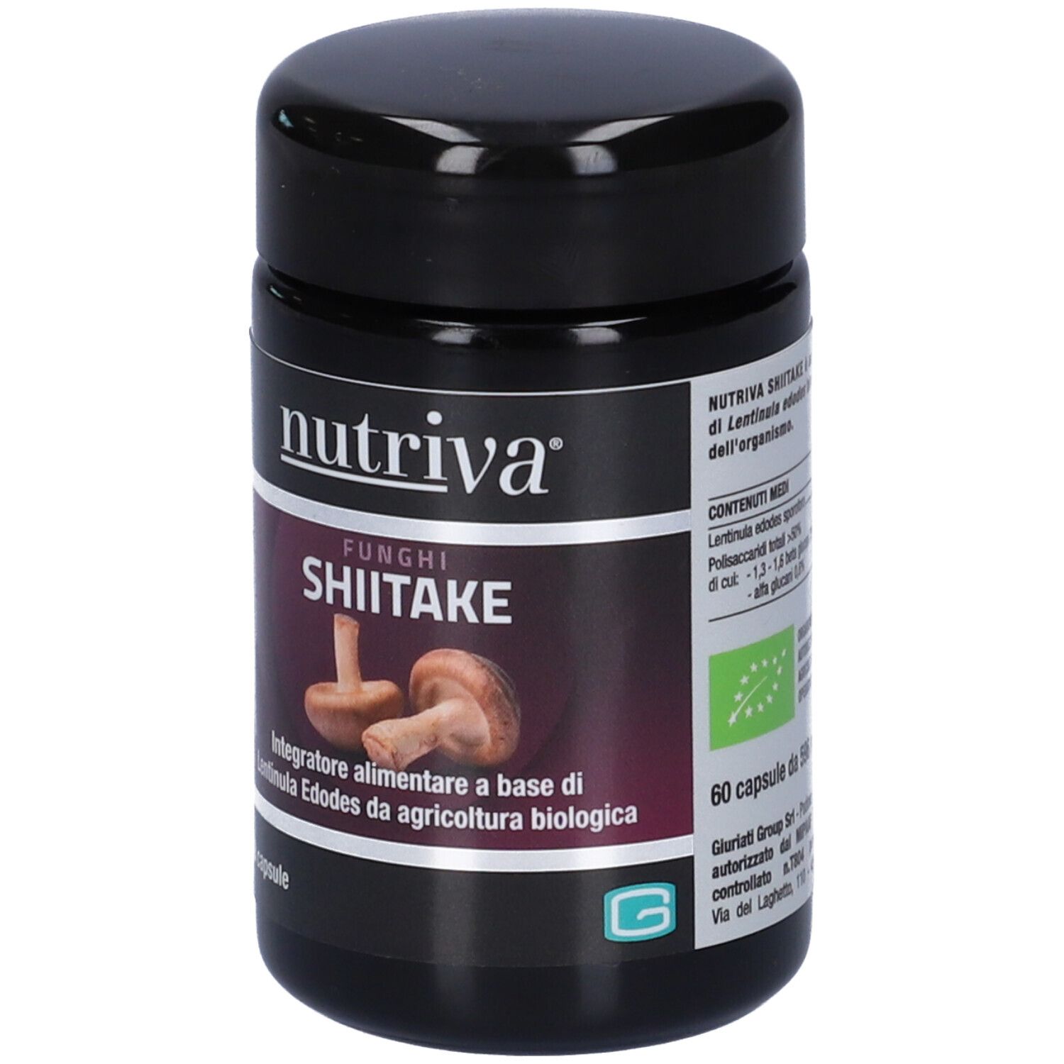 Flacone nero con "nutriva" e "SHIITAKE". Contiene 60 capsule. Sigillo biologico.