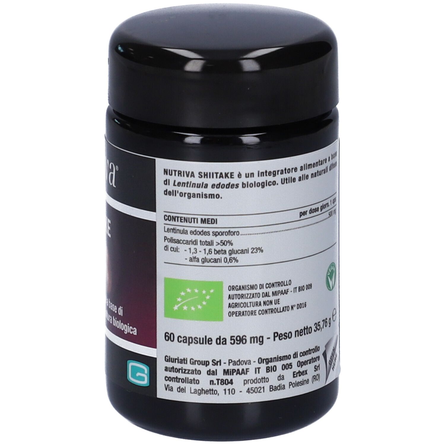 Flacone nero con testo. Contiene 60 capsule. Sigillo biologico. Peso: 35,76 g.