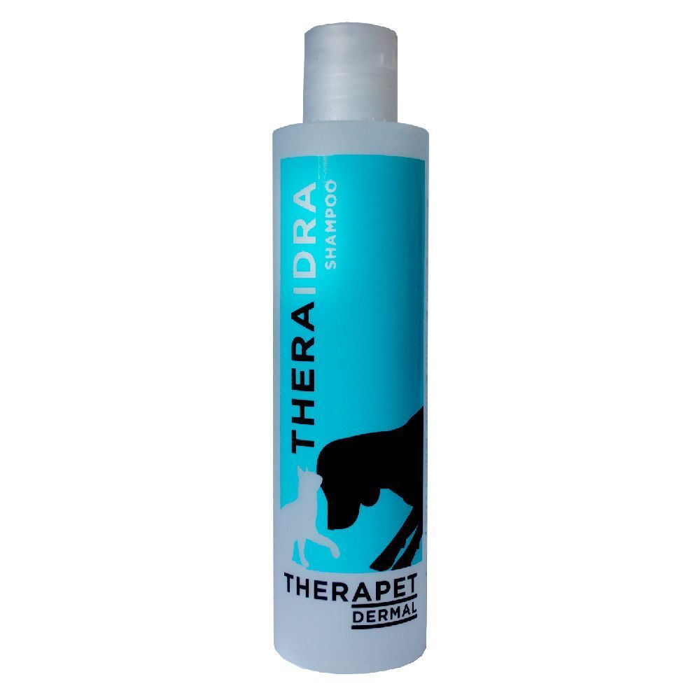 Flacone bianco con etichetta blu. Scritta: THERAIDRA SHAMPOO, THERAPET DERMAL. Illustrazione: cane e gatto.