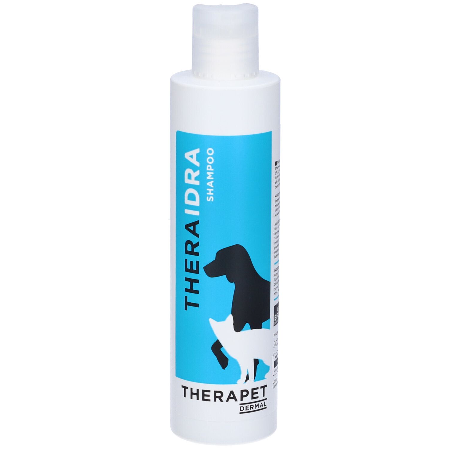Flacone bianco con etichetta blu. Scritta: THERAIDRA SHAMPOO, THERAPET DERMAL. Illustrazione: cane e gatto.
