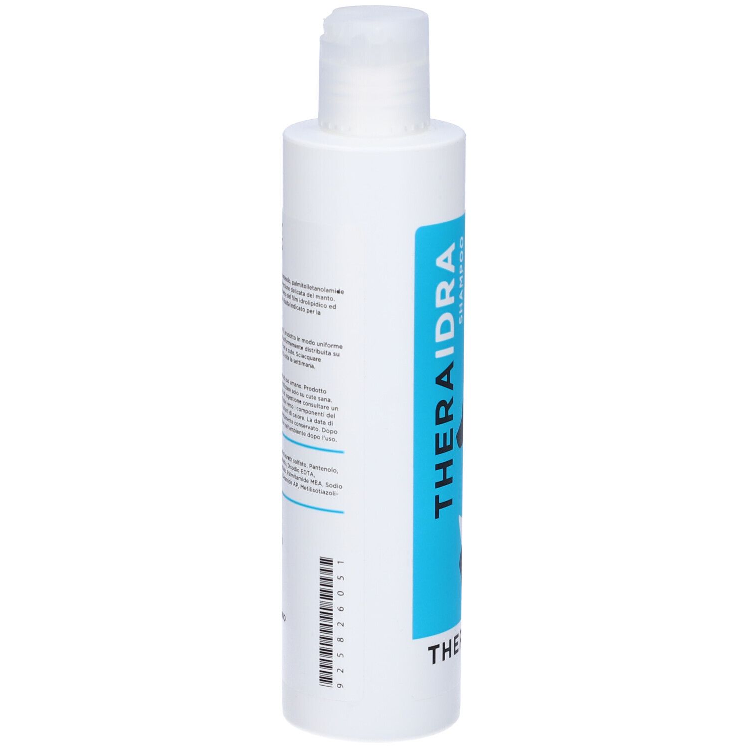Flacone bianco con etichetta blu. Scritta: THERAIDRA SHAMPOO. Testo e codice a barre sul retro.