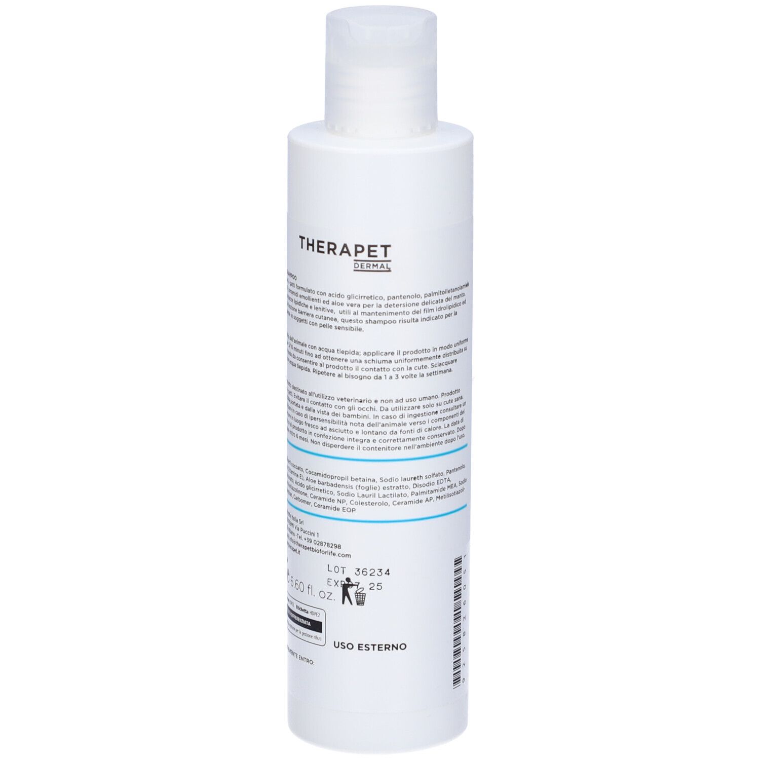 Flacone bianco con etichetta blu. Testo e codice a barre sul retro. Scritta: THERAPET DERMAL.