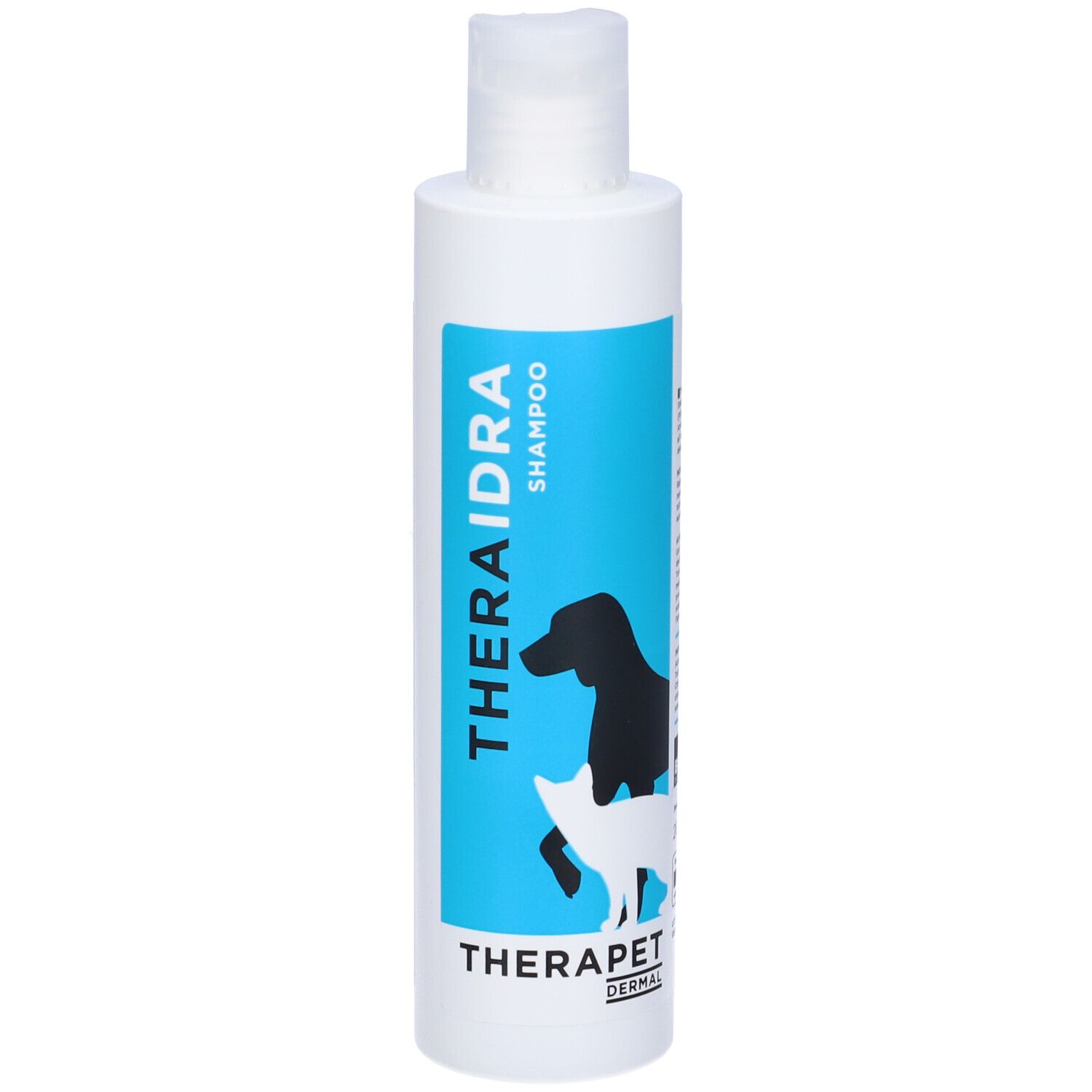 Flacone bianco con etichetta blu. Scritta: THERAIDRA SHAMPOO, THERAPET DERMAL. Illustrazione: cane e gatto.