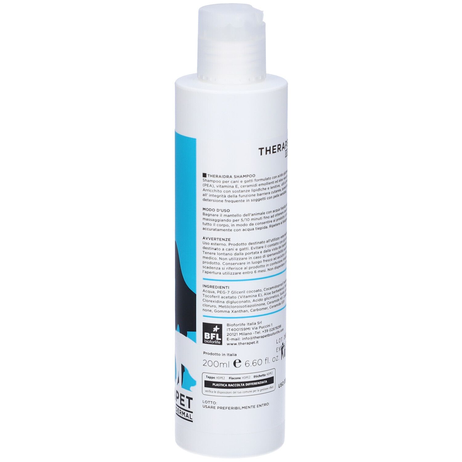 Flacone bianco con etichetta blu. Scritta: THERAIDRA SHAMPOO, THERAPET DERMAL. Testo e loghi.