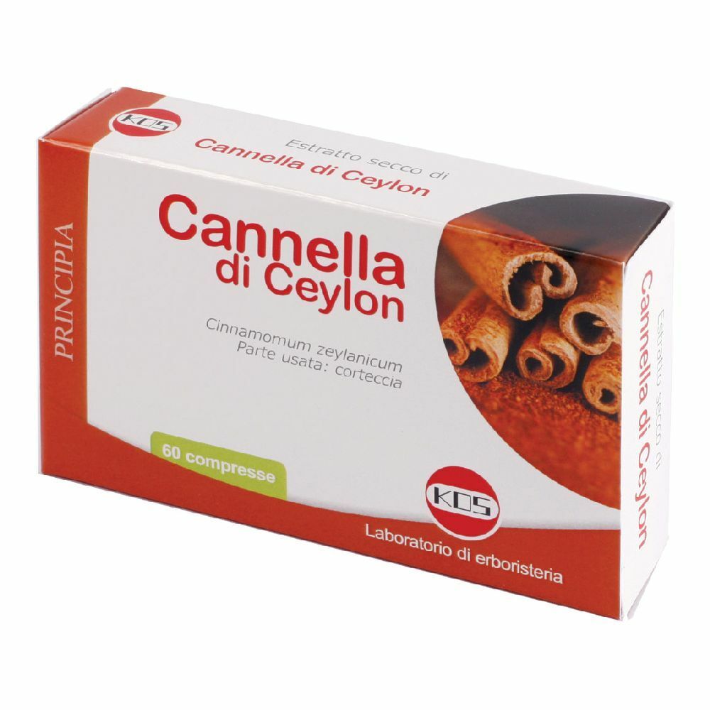 Scatola 'Cannella di Ceylon'. 60 compresse. Logo KOS. Immagine di bastoncini di cannella.