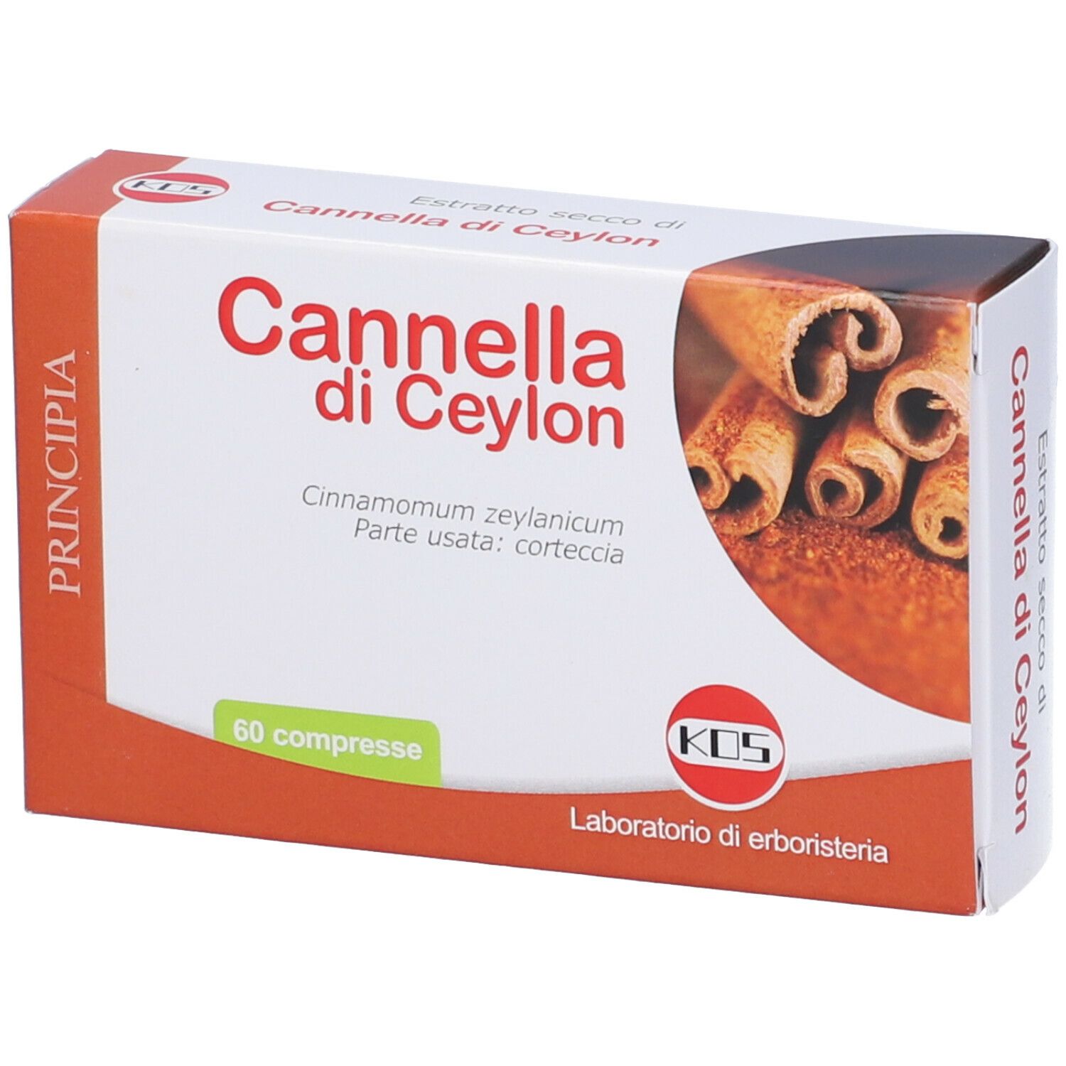 Scatola 'Cannella di Ceylon'. 60 compresse. Logo KOS. Immagine di bastoncini di cannella.