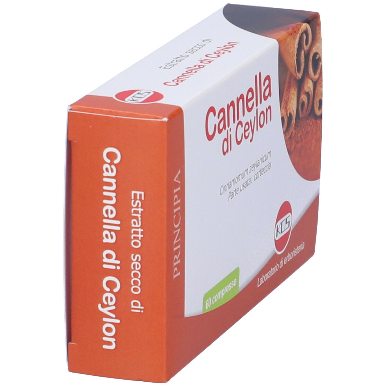 Scatola 'Cannella di Ceylon'. 60 compresse. Logo KOS. Immagine cannella. Vista obliqua.