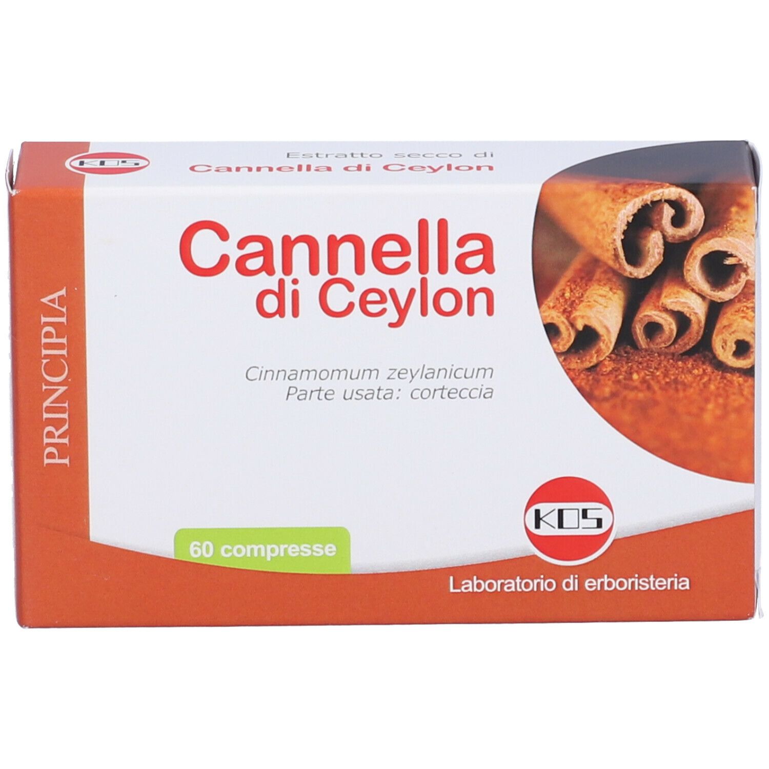 Scatola 'Cannella di Ceylon'. 60 compresse. Logo KOS. Immagine di bastoncini di cannella.