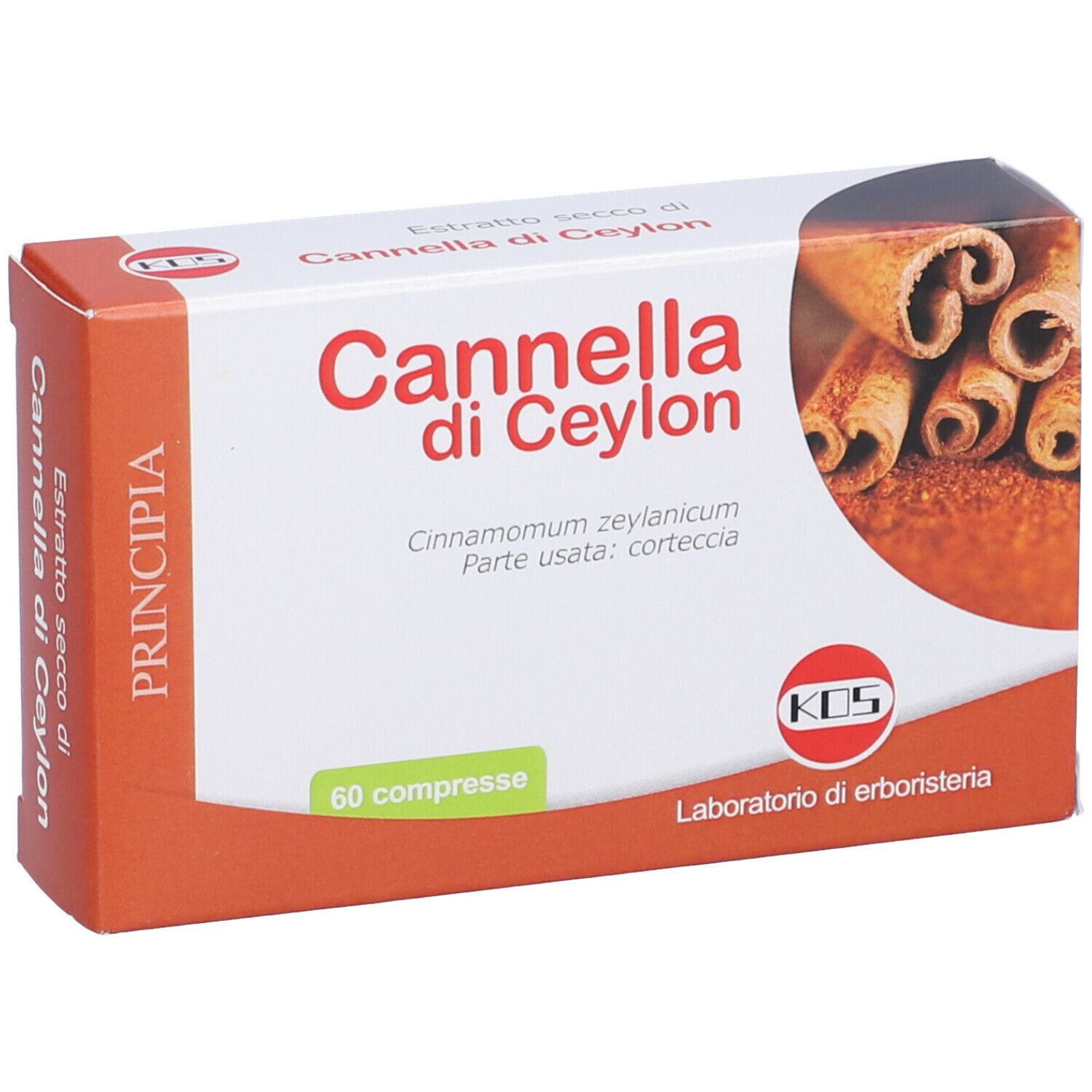 Scatola 'Cannella di Ceylon'. 60 compresse. Logo KOS. Immagine di bastoncini di cannella.