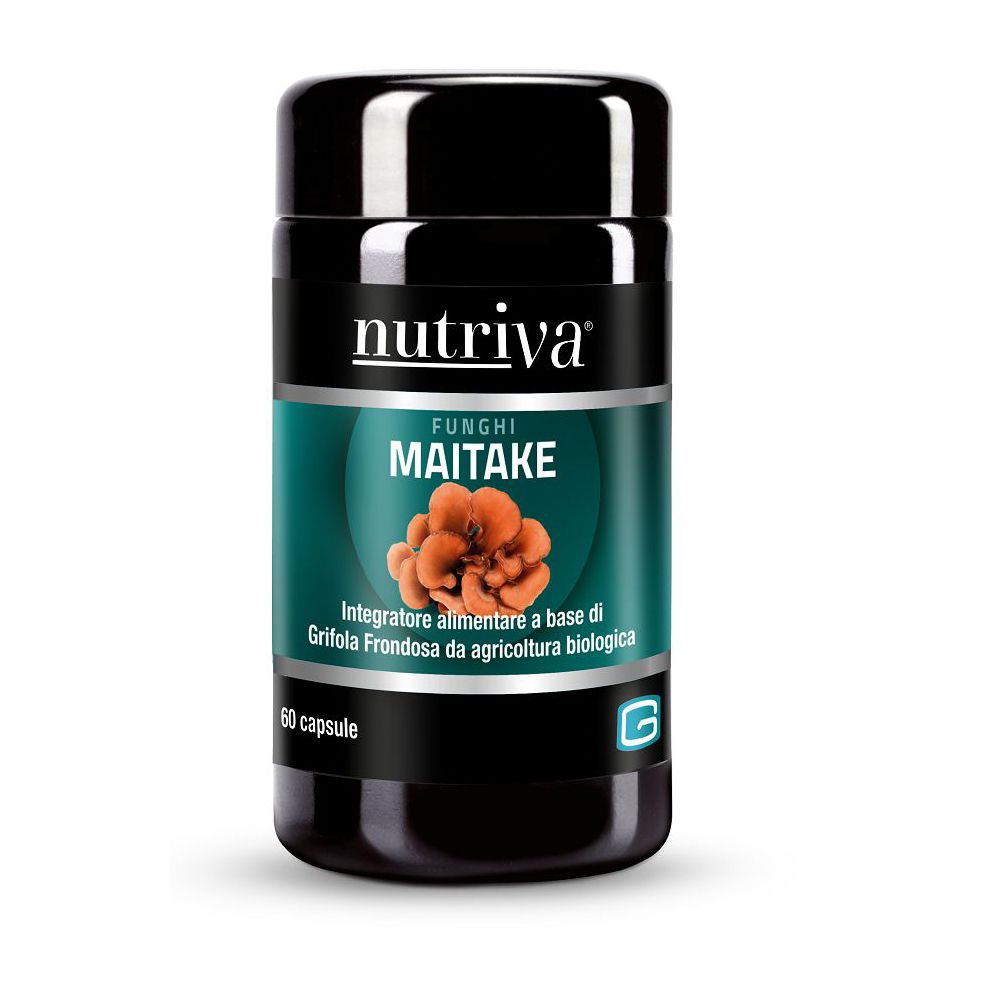 Barattolo nero con logo "Nutriva" e scritta "Maitake". Contiene 60 capsule. Etichette verdi e arancioni.