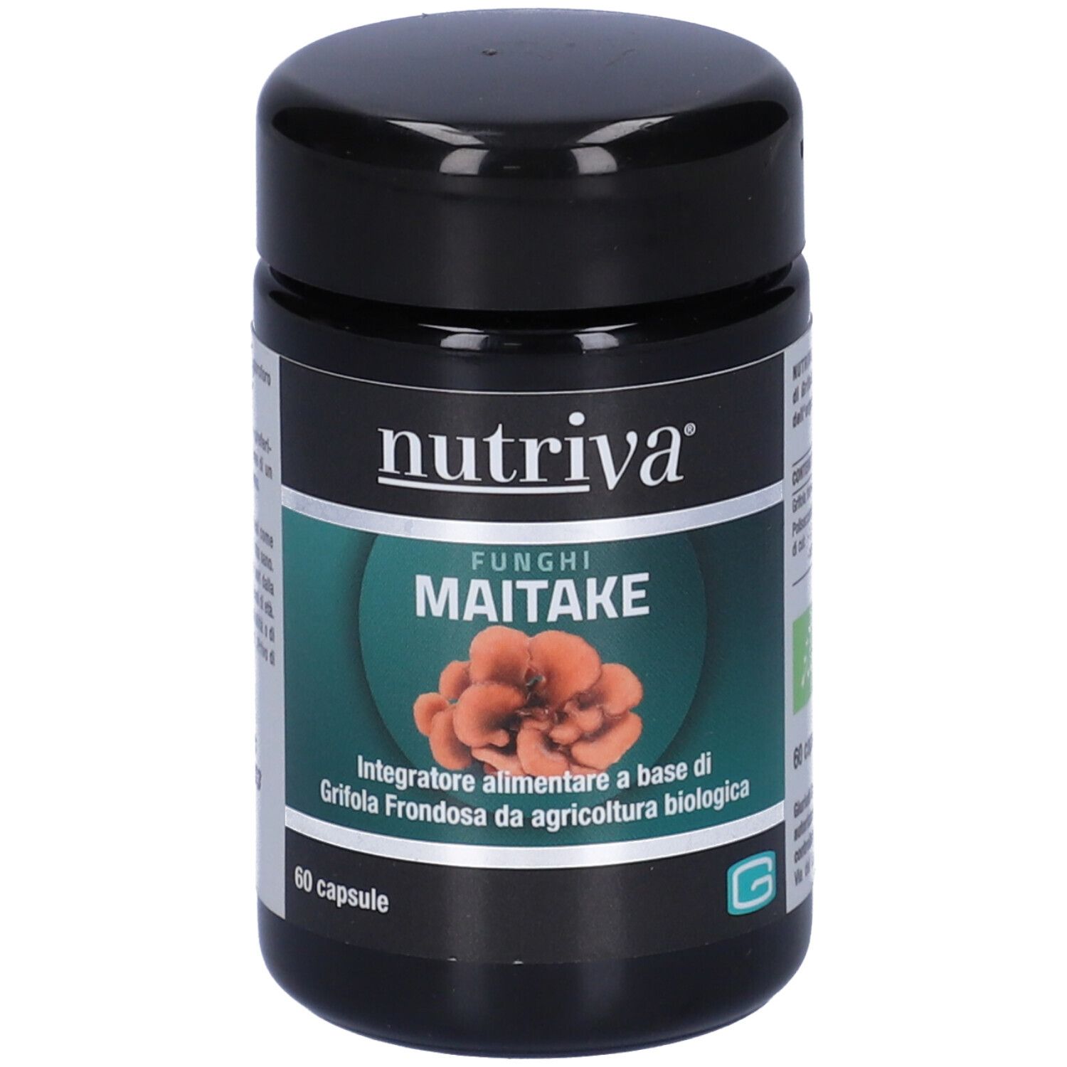 Barattolo nero con logo "Nutriva" e scritta "Maitake". Contiene 60 capsule. Etichette verdi e arancioni.