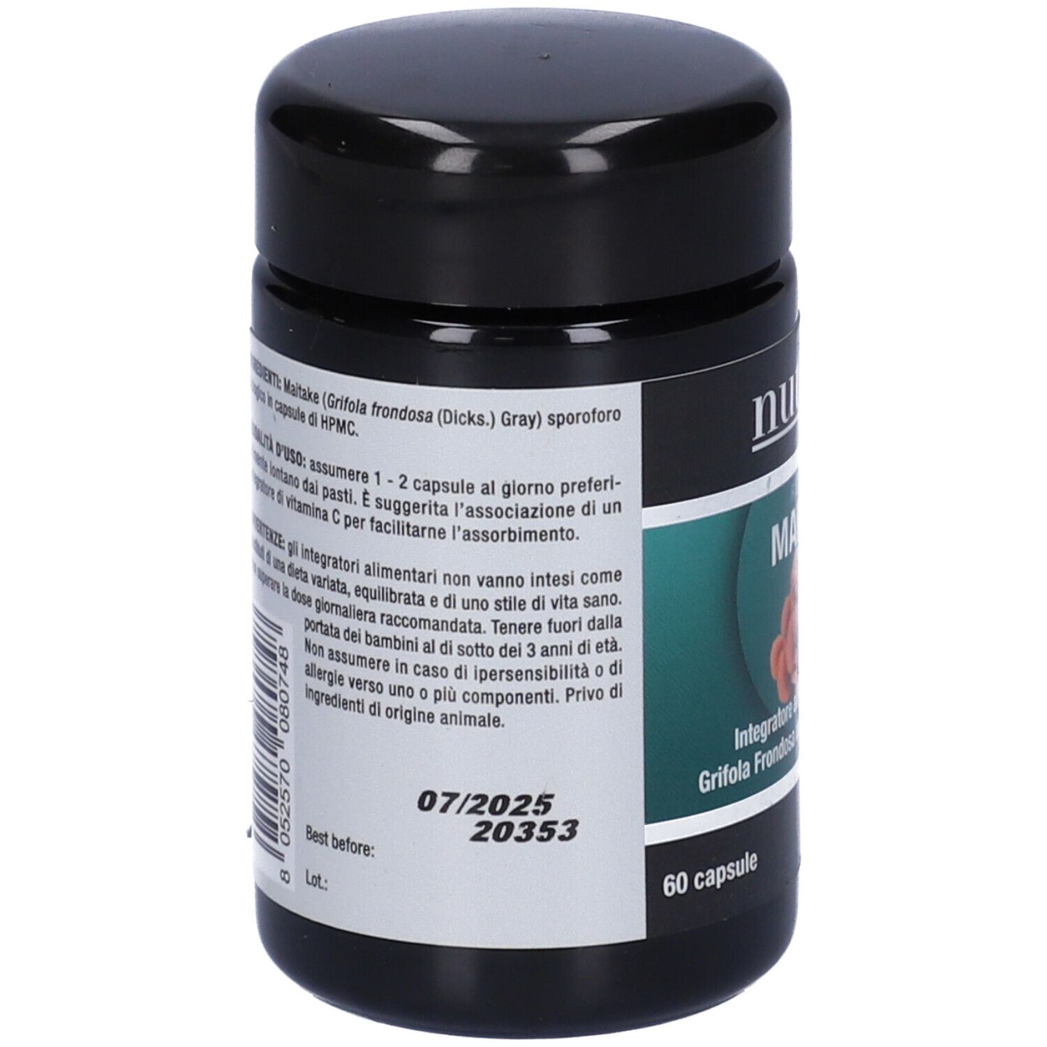Barattolo nero con etichetta. Testo: "Nutriva Maitake", 60 capsule. Retro con testo e scadenza 07/2025.