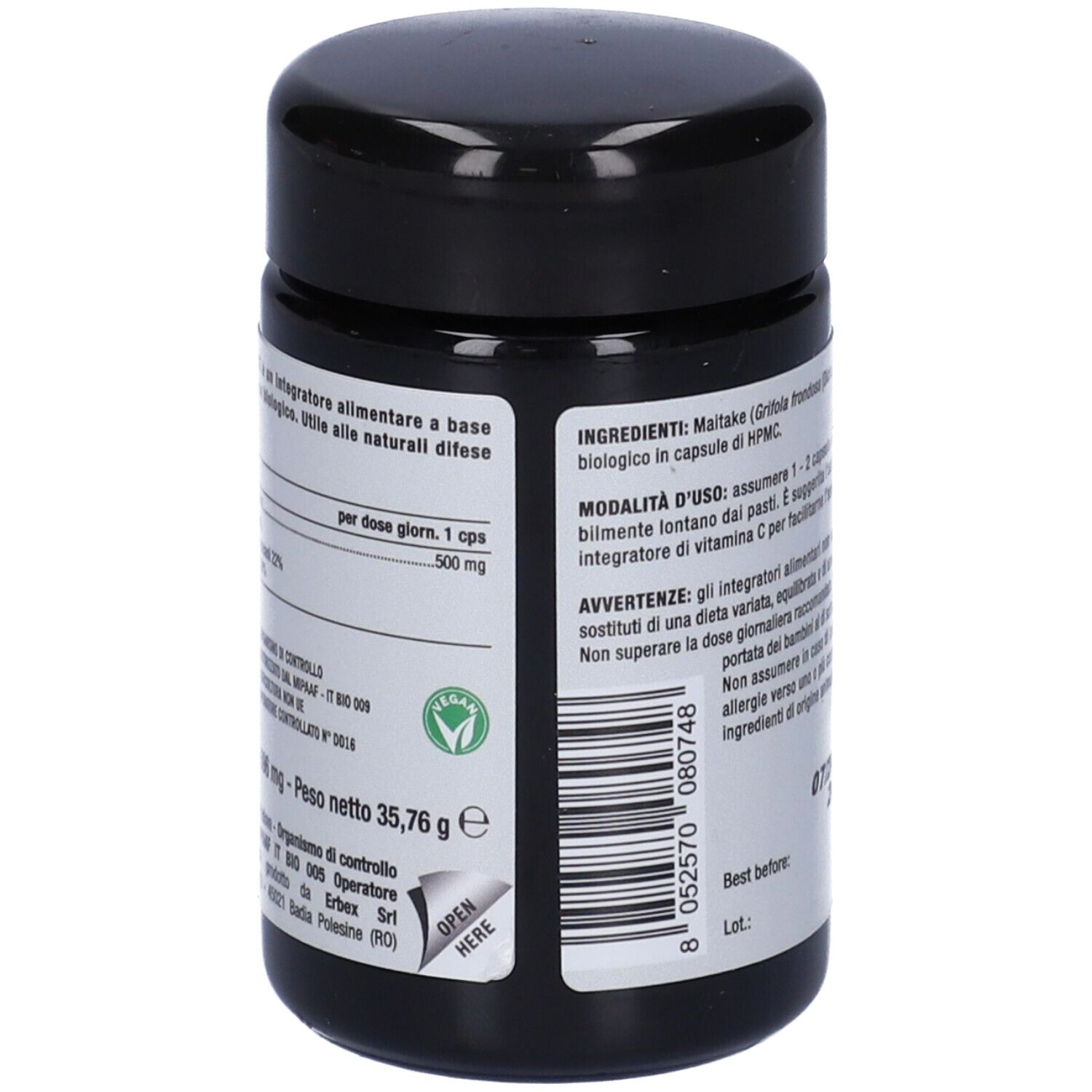 Barattolo nero con etichetta. Testo: "Nutriva Maitake", 60 capsule. Retro con informazioni nutrizionali e ingredienti.