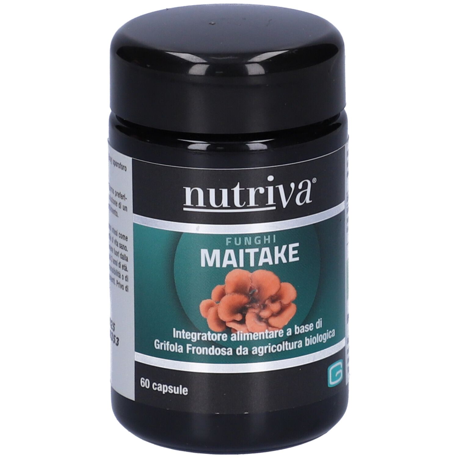Barattolo nero con logo "Nutriva" e scritta "Maitake". Contiene 60 capsule. Etichette verdi e arancioni.